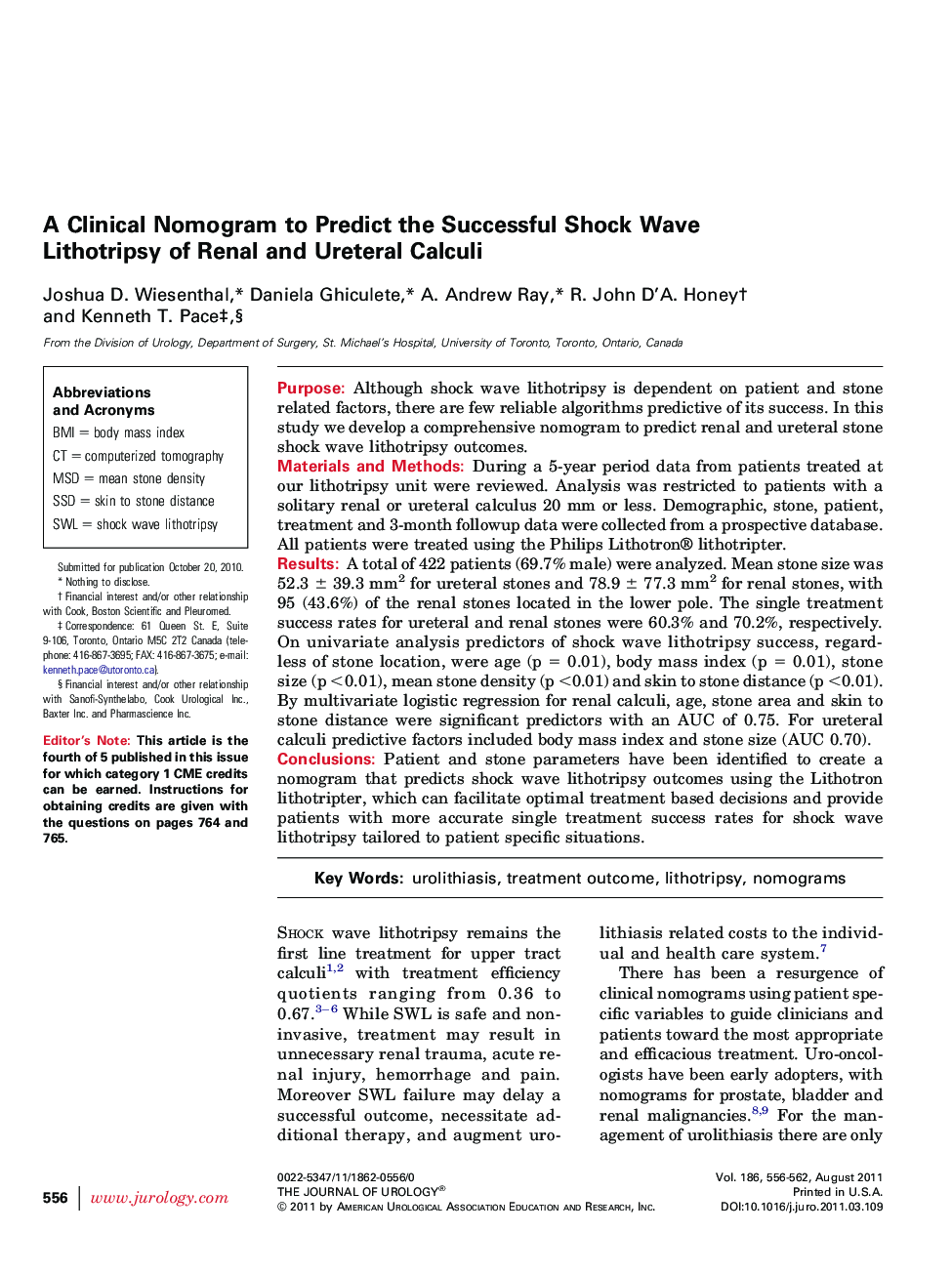 A Clinical Nomogram to Predict the Successful Shock Wave Lithotripsy of Renal and Ureteral Calculi