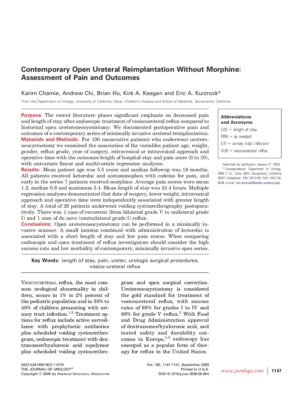 Contemporary Open Ureteral Reimplantation Without Morphine: Assessment of Pain and Outcomes