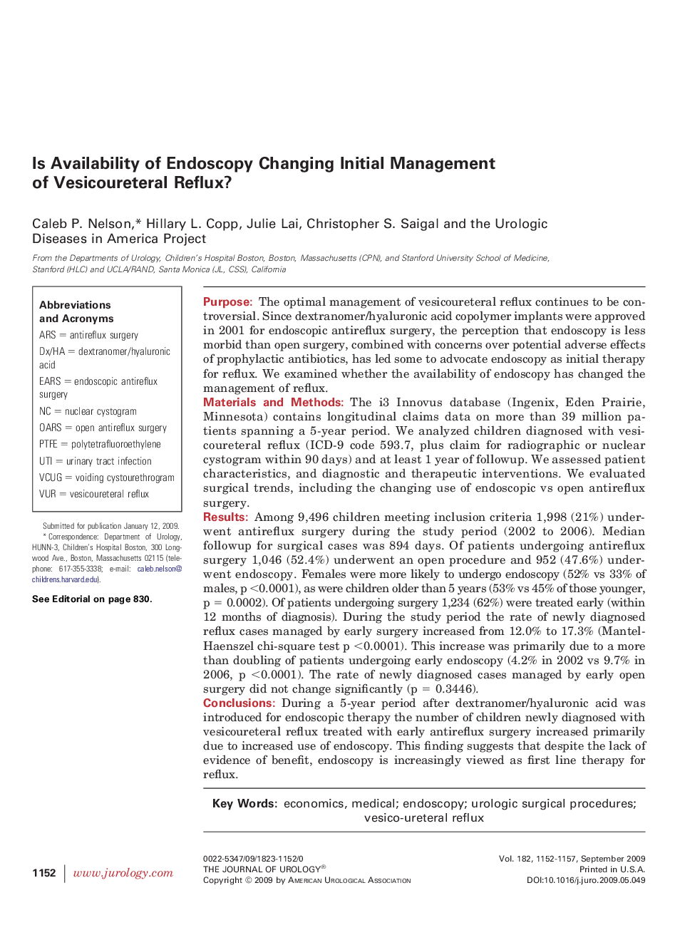 Is Availability of Endoscopy Changing Initial Management of Vesicoureteral Reflux?