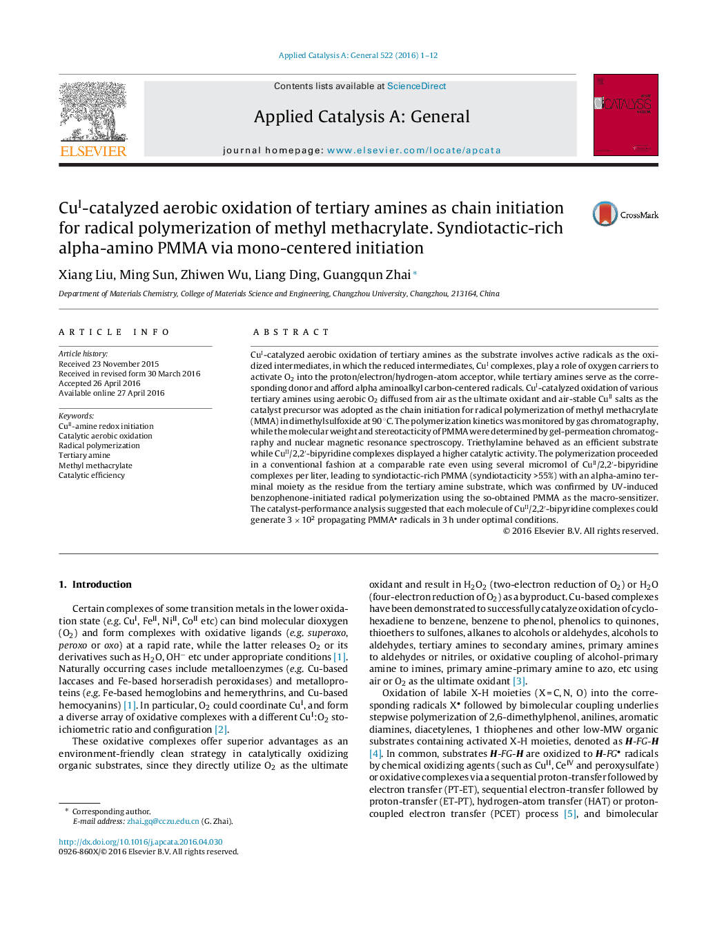 CuI-catalyzed aerobic oxidation of tertiary amines as chain initiation for radical polymerization of methyl methacrylate. Syndiotactic-rich alpha-amino PMMA via mono-centered initiation