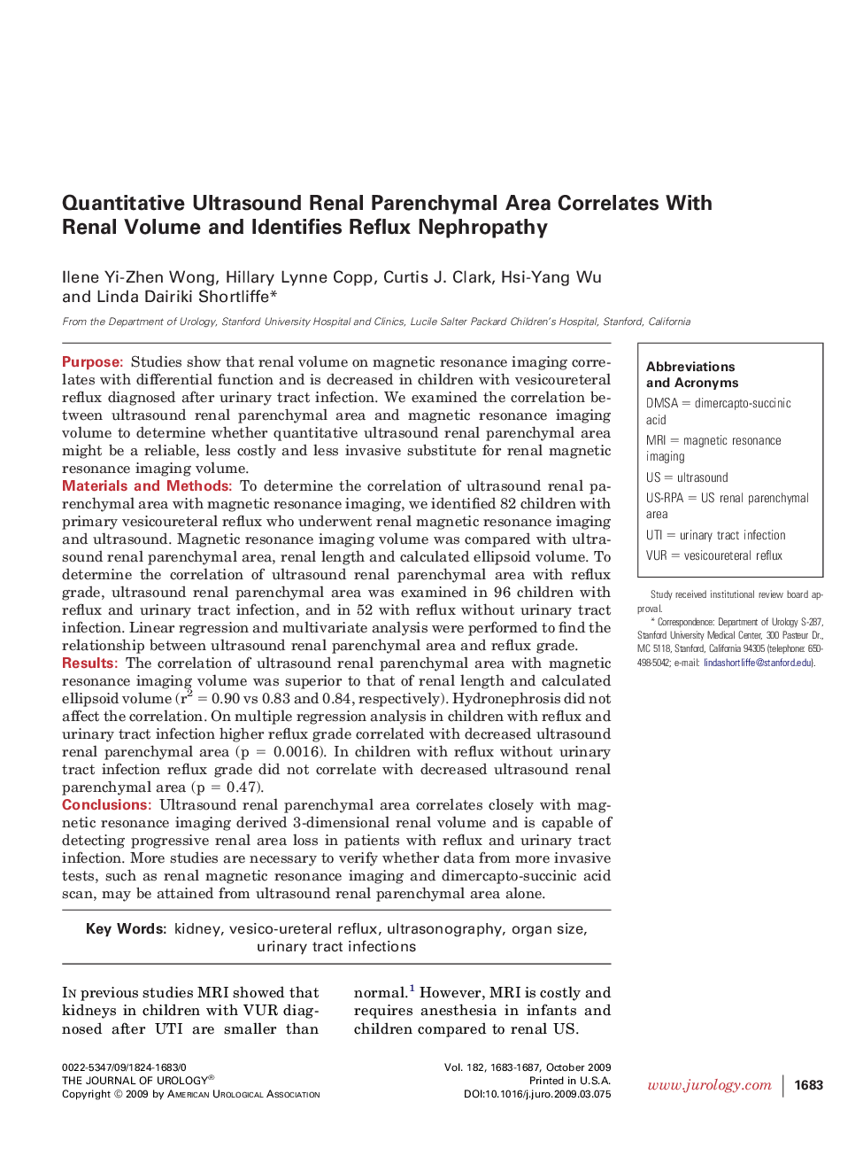 Quantitative Ultrasound Renal Parenchymal Area Correlates With Renal Volume and Identifies Reflux Nephropathy 