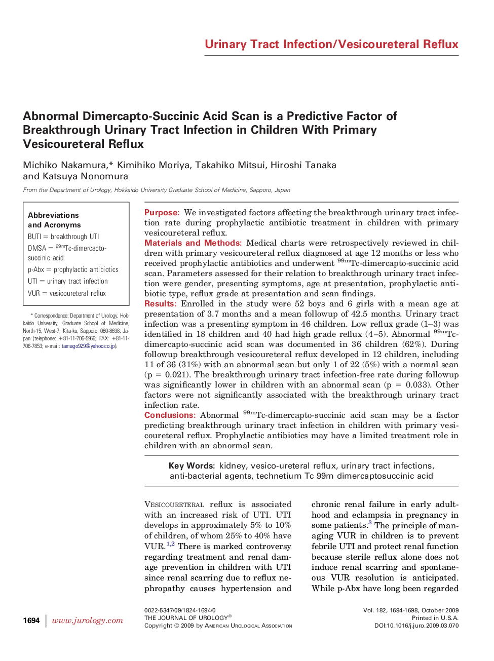 Abnormal Dimercapto-Succinic Acid Scan is a Predictive Factor of Breakthrough Urinary Tract Infection in Children With Primary Vesicoureteral Reflux