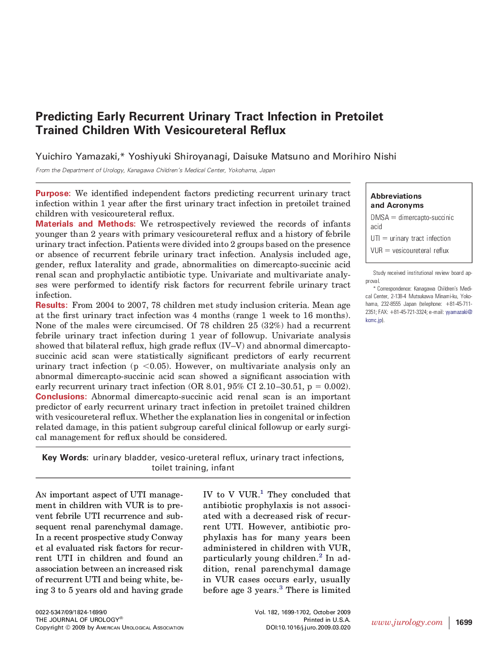 Predicting Early Recurrent Urinary Tract Infection in Pretoilet Trained Children With Vesicoureteral Reflux