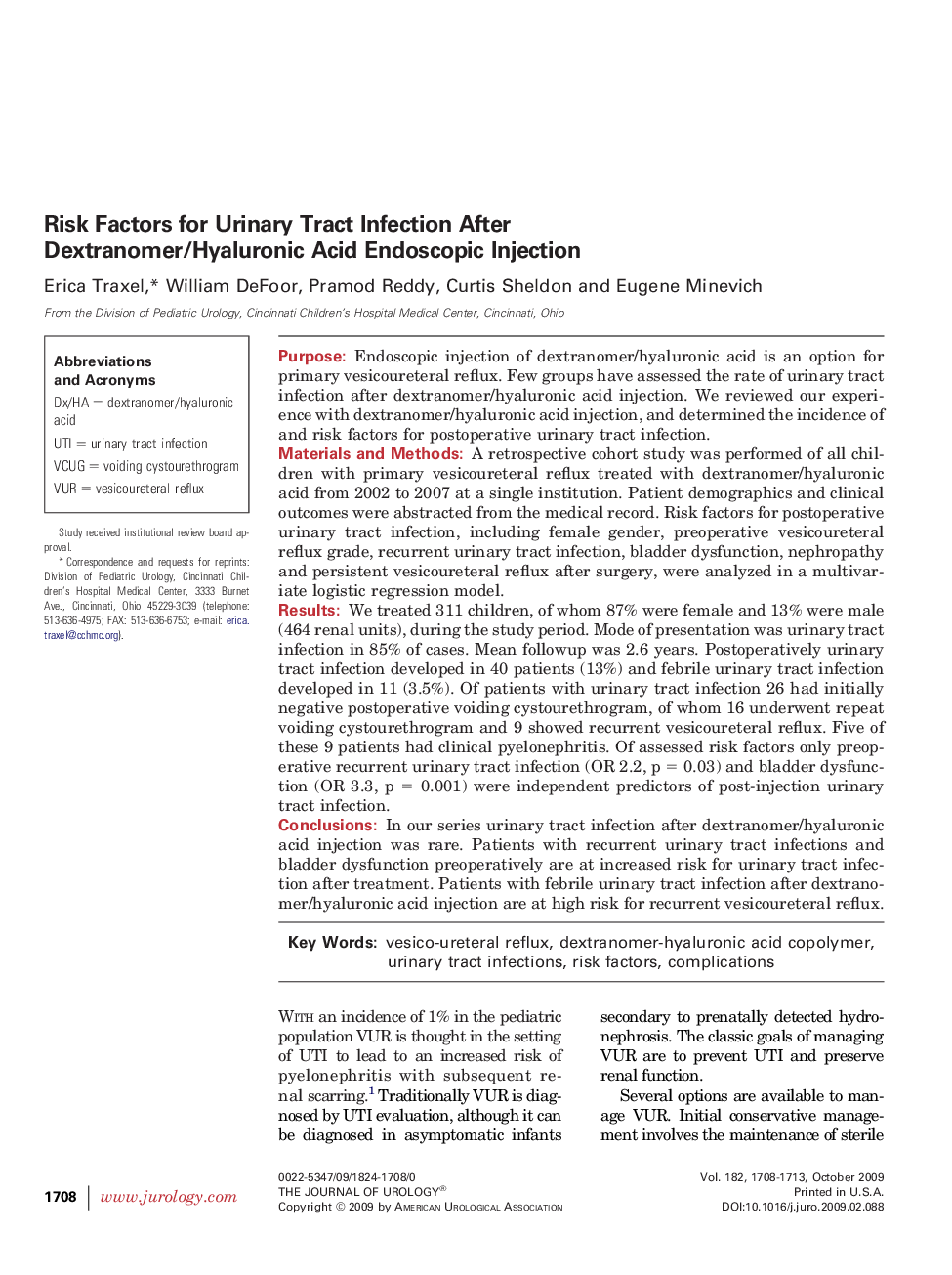 Risk Factors for Urinary Tract Infection After Dextranomer/Hyaluronic Acid Endoscopic Injection