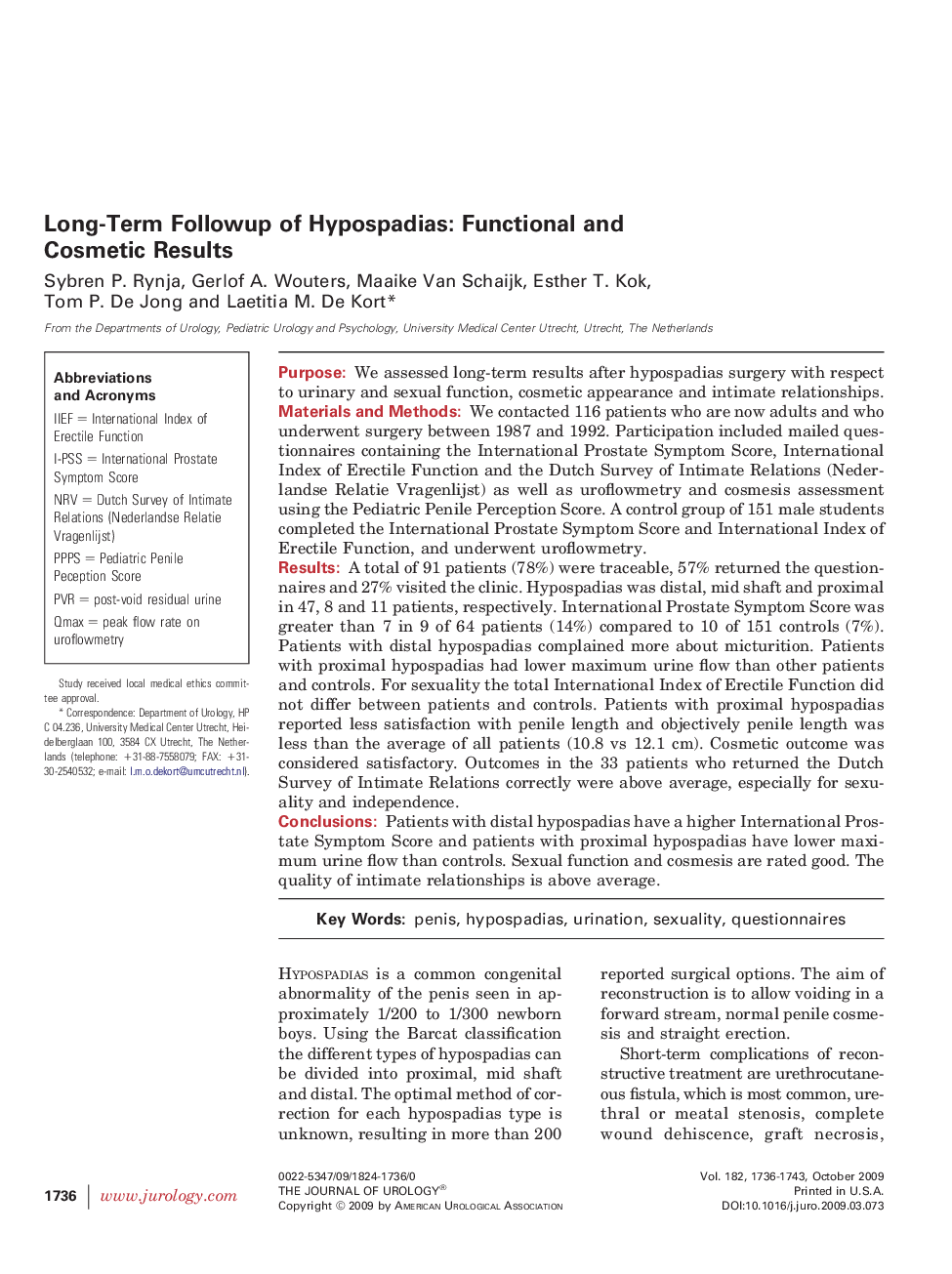 Long-Term Followup of Hypospadias: Functional and Cosmetic Results