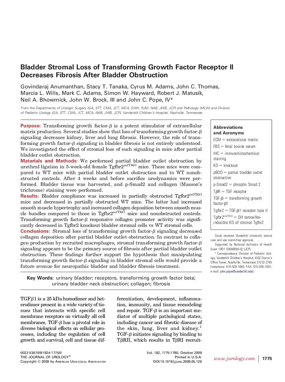 Bladder Stromal Loss of Transforming Growth Factor Receptor II Decreases Fibrosis After Bladder Obstruction