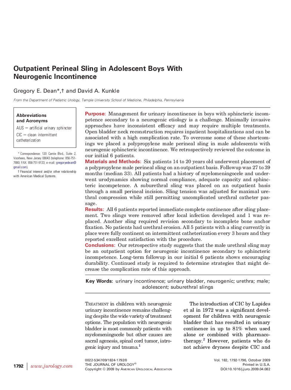 Outpatient Perineal Sling in Adolescent Boys With Neurogenic Incontinence