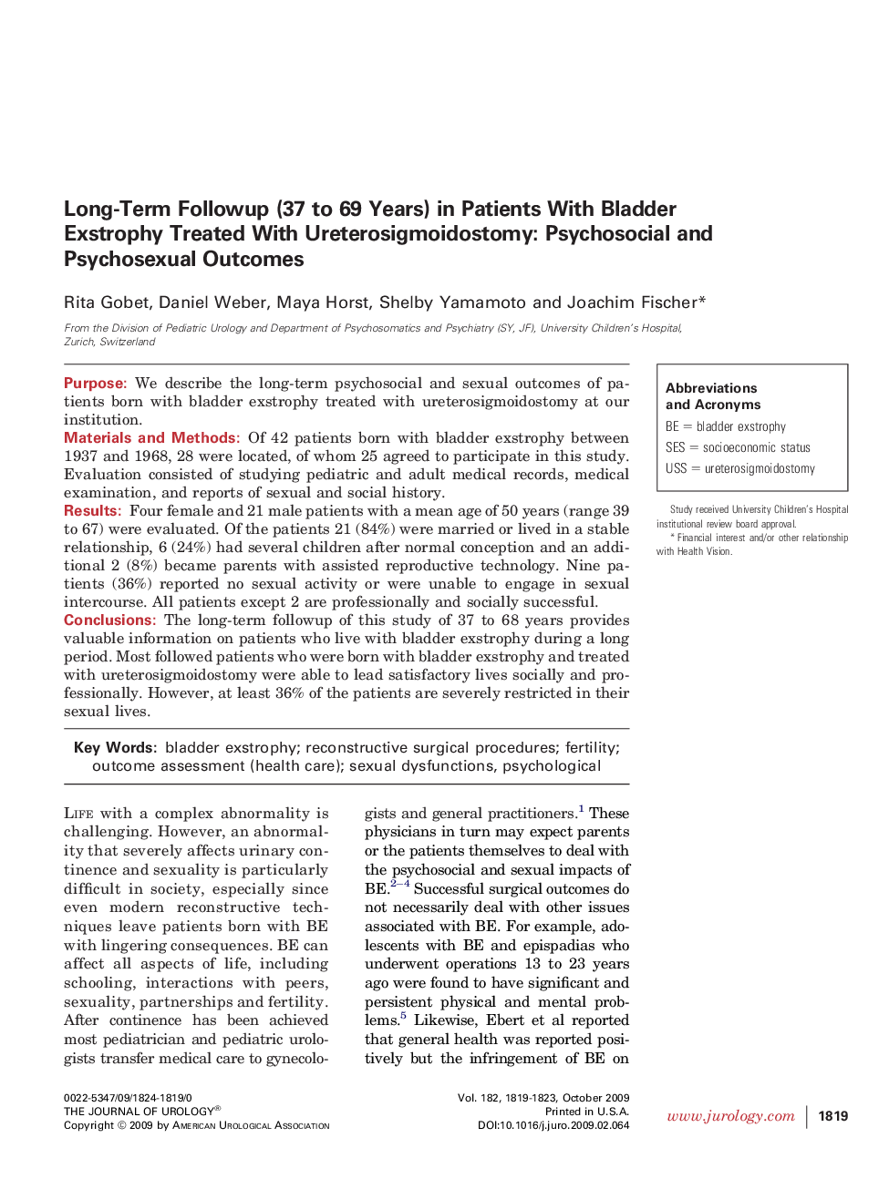 Long-Term Followup (37 to 69 Years) in Patients With Bladder Exstrophy Treated With Ureterosigmoidostomy: Psychosocial and Psychosexual Outcomes 