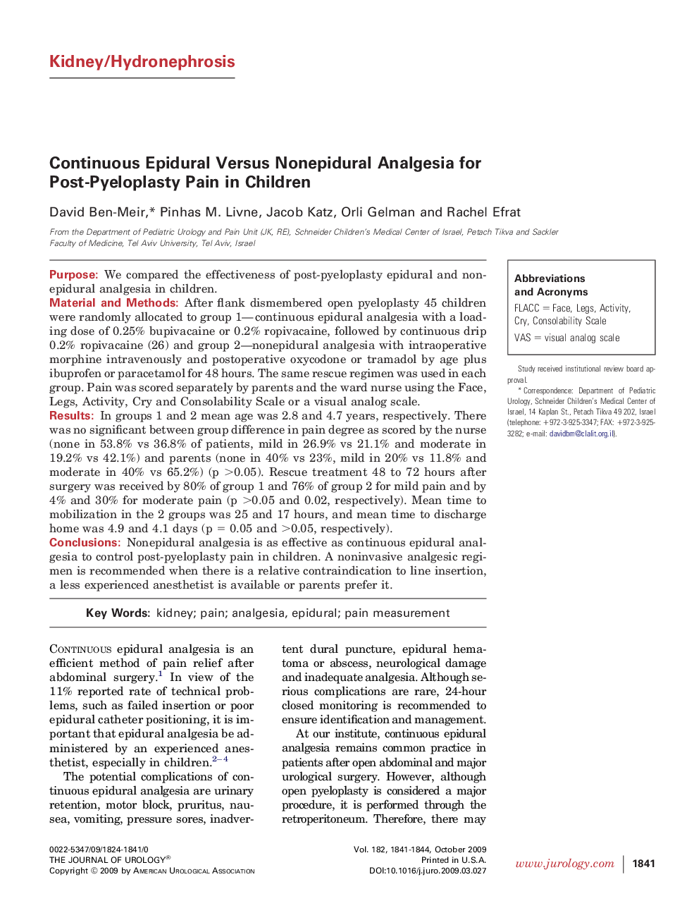 Continuous Epidural Versus Nonepidural Analgesia for Post-Pyeloplasty Pain in Children 