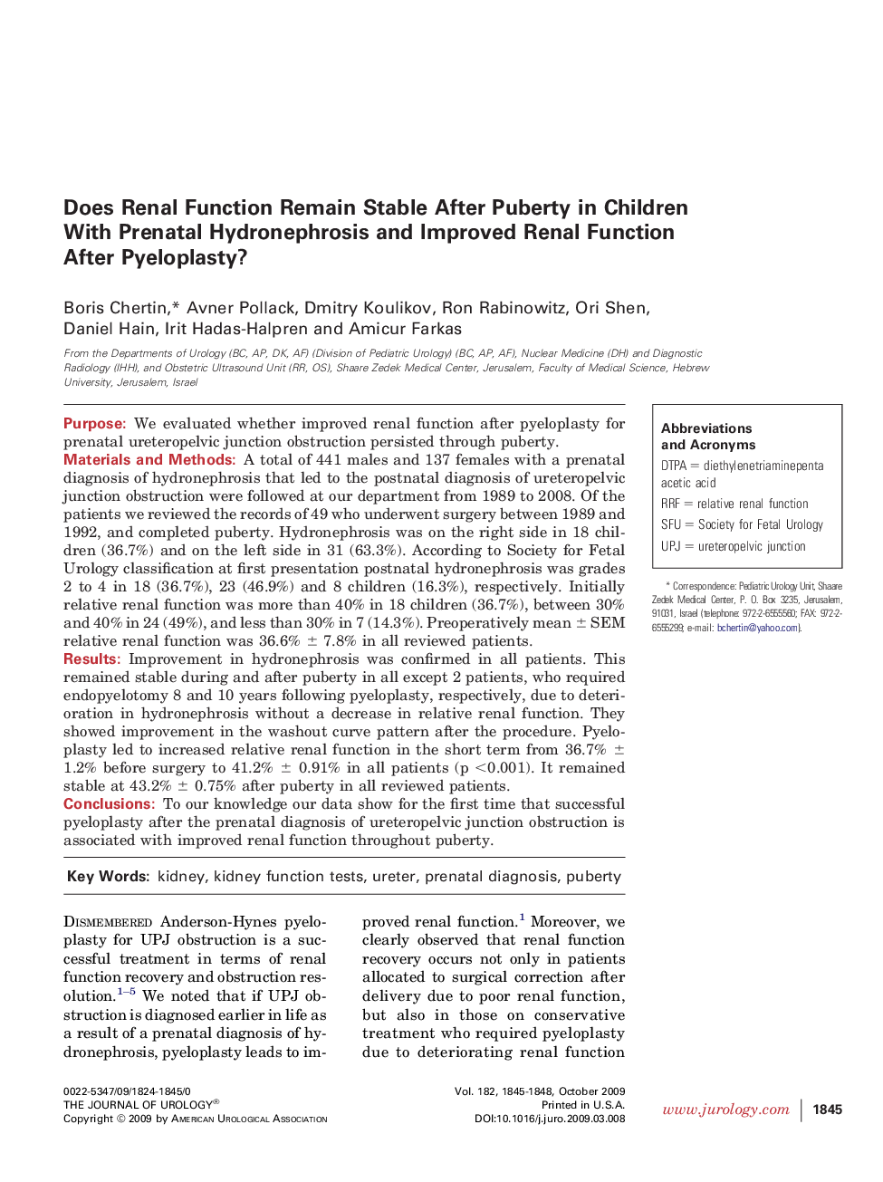 Does Renal Function Remain Stable After Puberty in Children With Prenatal Hydronephrosis and Improved Renal Function After Pyeloplasty?