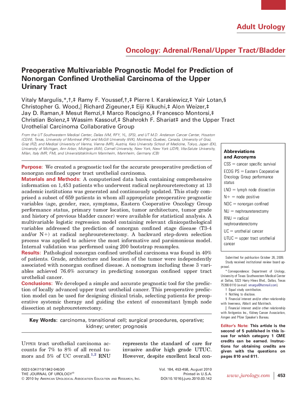 Preoperative Multivariable Prognostic Model for Prediction of Nonorgan Confined Urothelial Carcinoma of the Upper Urinary Tract 