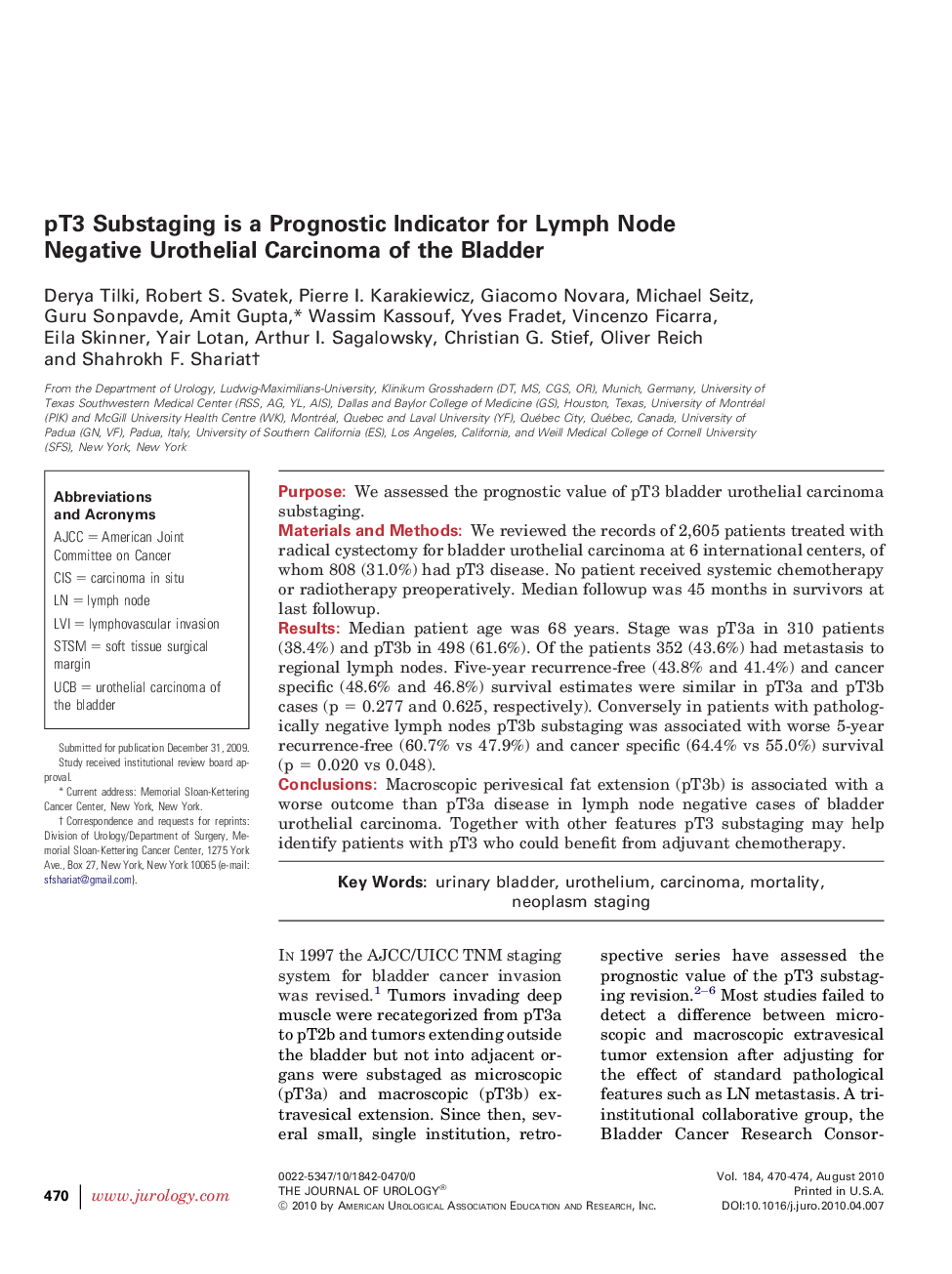 pT3 Substaging is a Prognostic Indicator for Lymph Node Negative Urothelial Carcinoma of the Bladder 