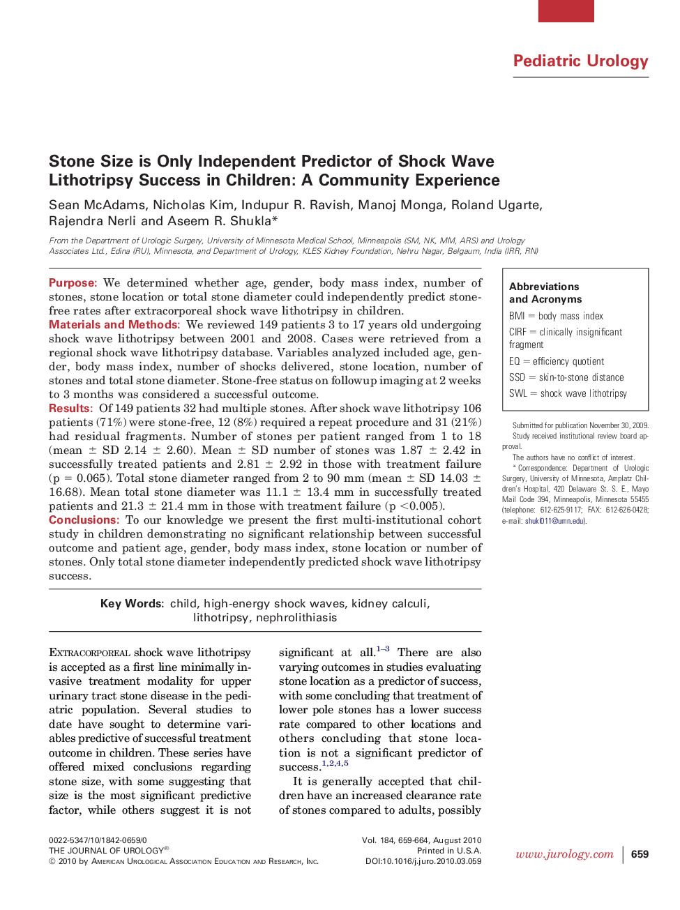 Stone Size is Only Independent Predictor of Shock Wave Lithotripsy Success in Children: A Community Experience 