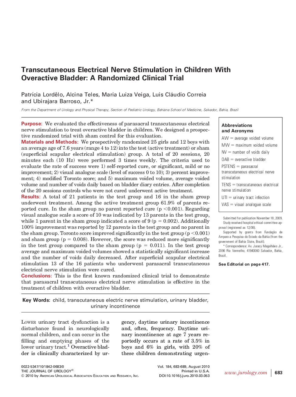 Transcutaneous Electrical Nerve Stimulation in Children With Overactive Bladder: A Randomized Clinical Trial 