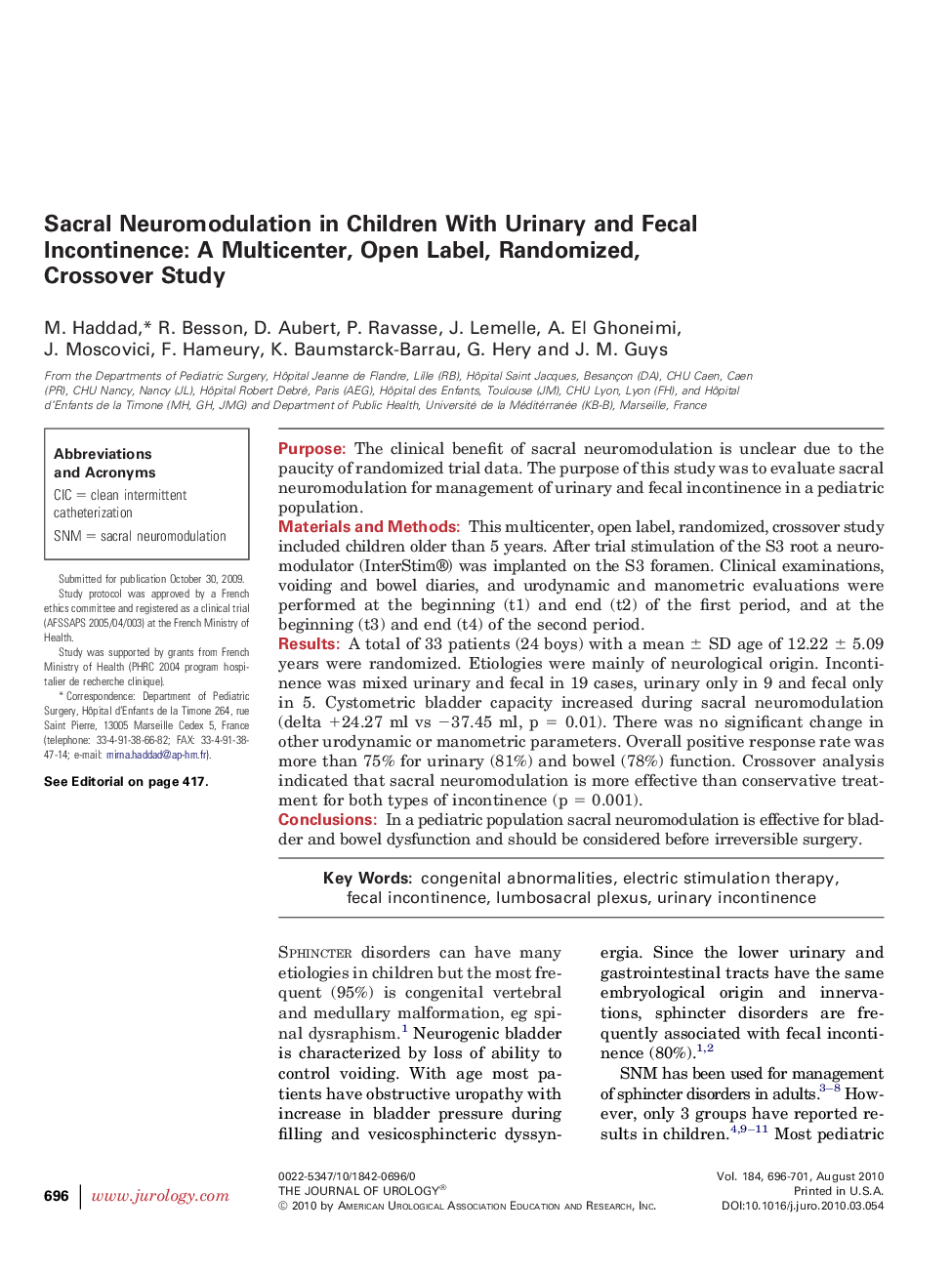 Sacral Neuromodulation in Children With Urinary and Fecal Incontinence: A Multicenter, Open Label, Randomized, Crossover Study 