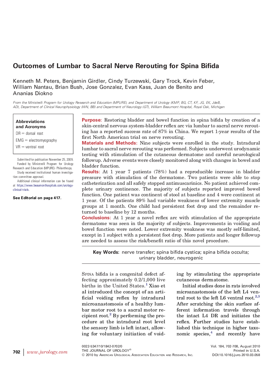 Outcomes of Lumbar to Sacral Nerve Rerouting for Spina Bifida 