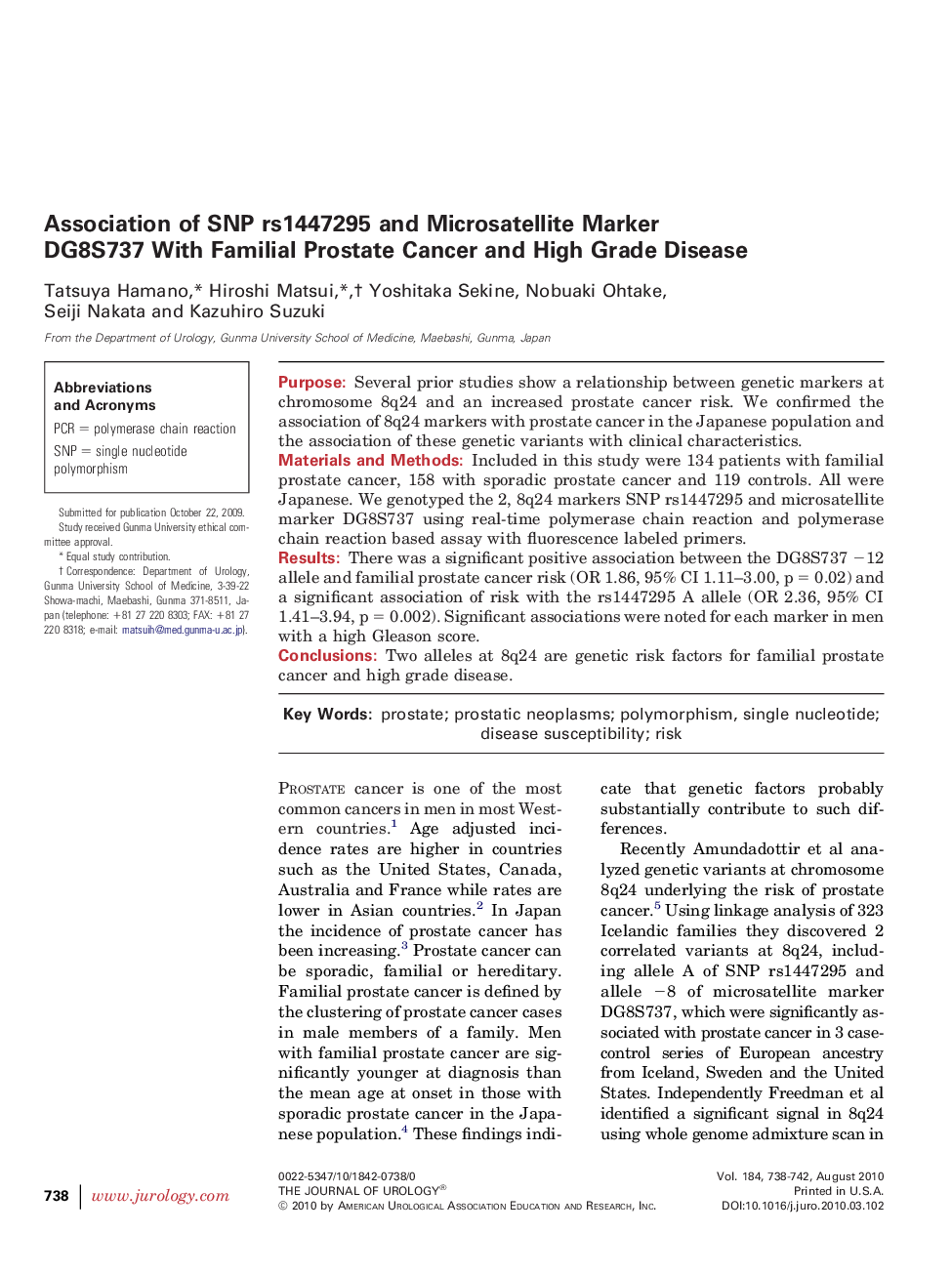 Association of SNP rs1447295 and Microsatellite Marker DG8S737 With Familial Prostate Cancer and High Grade Disease