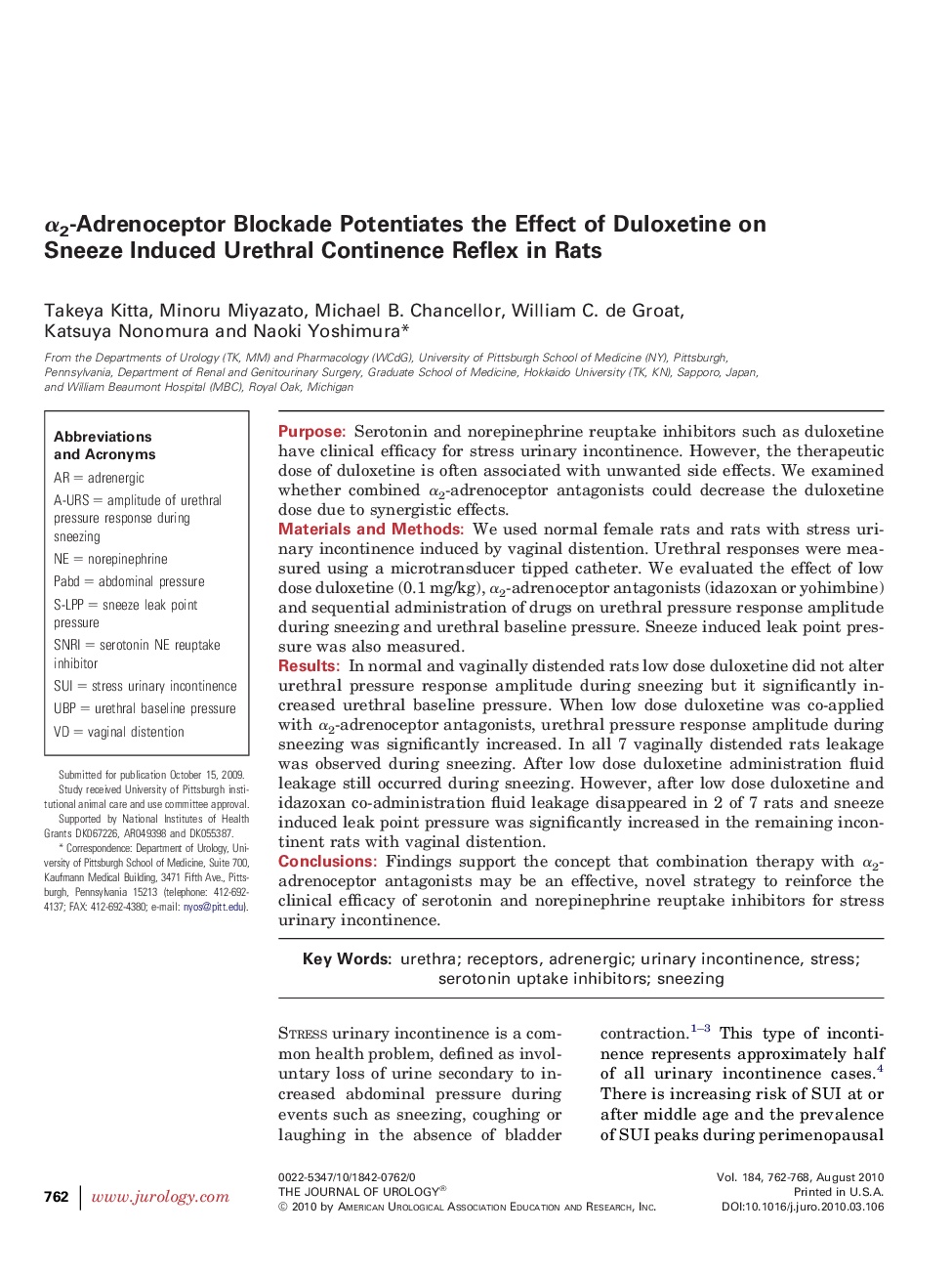 α2-Adrenoceptor Blockade Potentiates the Effect of Duloxetine on Sneeze Induced Urethral Continence Reflex in Rats 