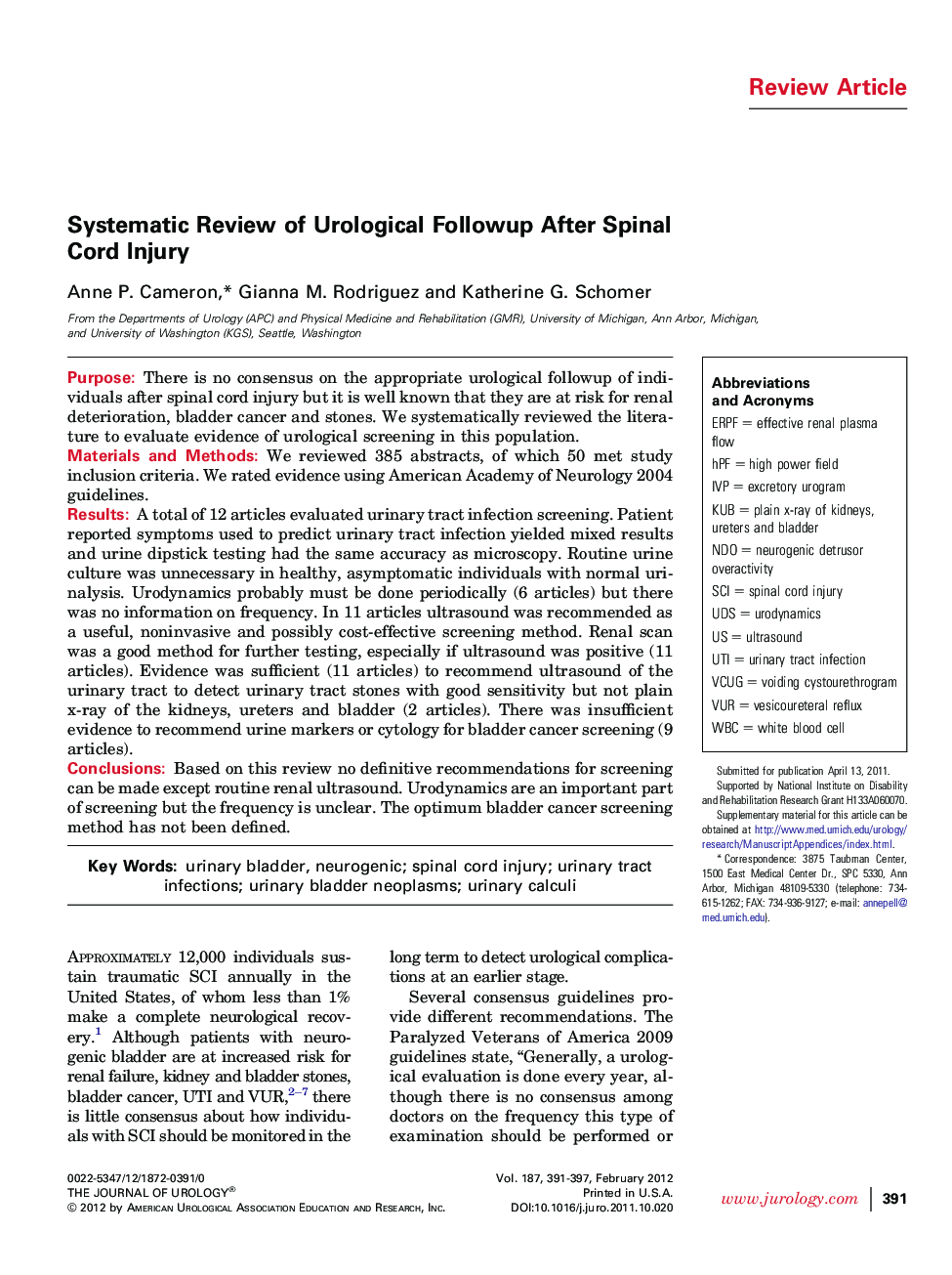 Systematic Review of Urological Followup After Spinal Cord Injury 