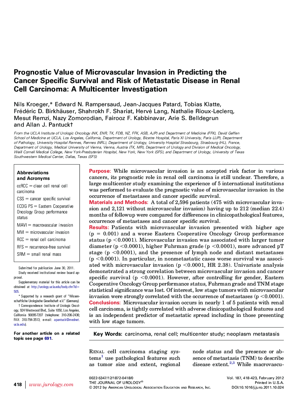 Prognostic Value of Microvascular Invasion in Predicting the Cancer Specific Survival and Risk of Metastatic Disease in Renal Cell Carcinoma: A Multicenter Investigation 