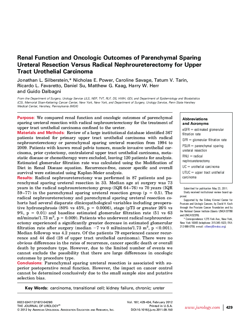 Renal Function and Oncologic Outcomes of Parenchymal Sparing Ureteral Resection Versus Radical Nephroureterectomy for Upper Tract Urothelial Carcinoma