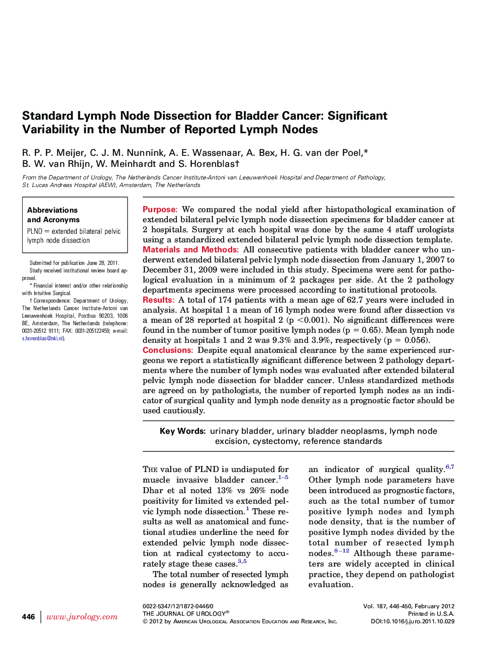 Standard Lymph Node Dissection for Bladder Cancer: Significant Variability in the Number of Reported Lymph Nodes