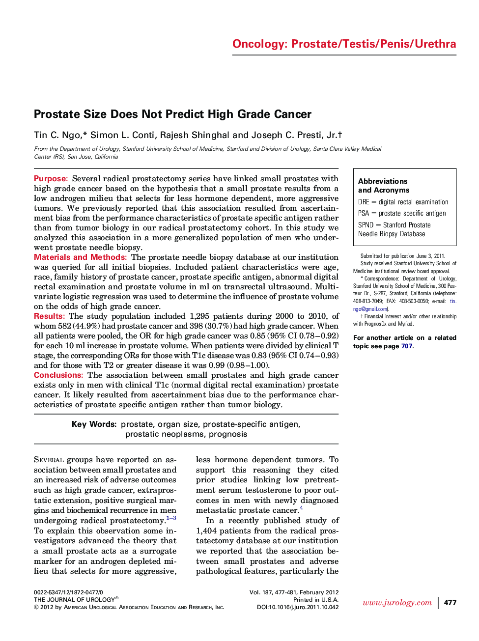 Prostate Size Does Not Predict High Grade Cancer 