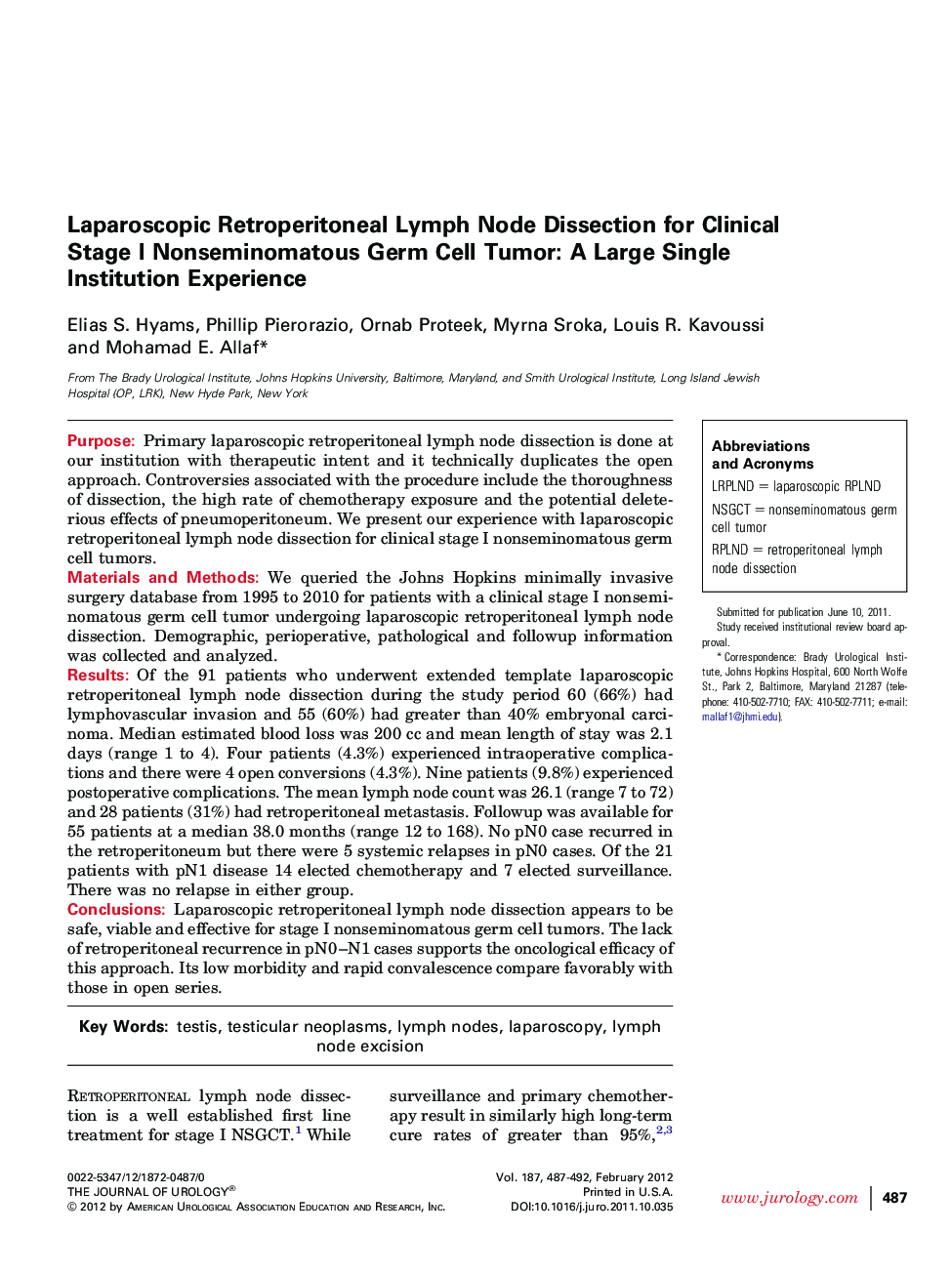 Laparoscopic Retroperitoneal Lymph Node Dissection for Clinical Stage I Nonseminomatous Germ Cell Tumor: A Large Single Institution Experience 