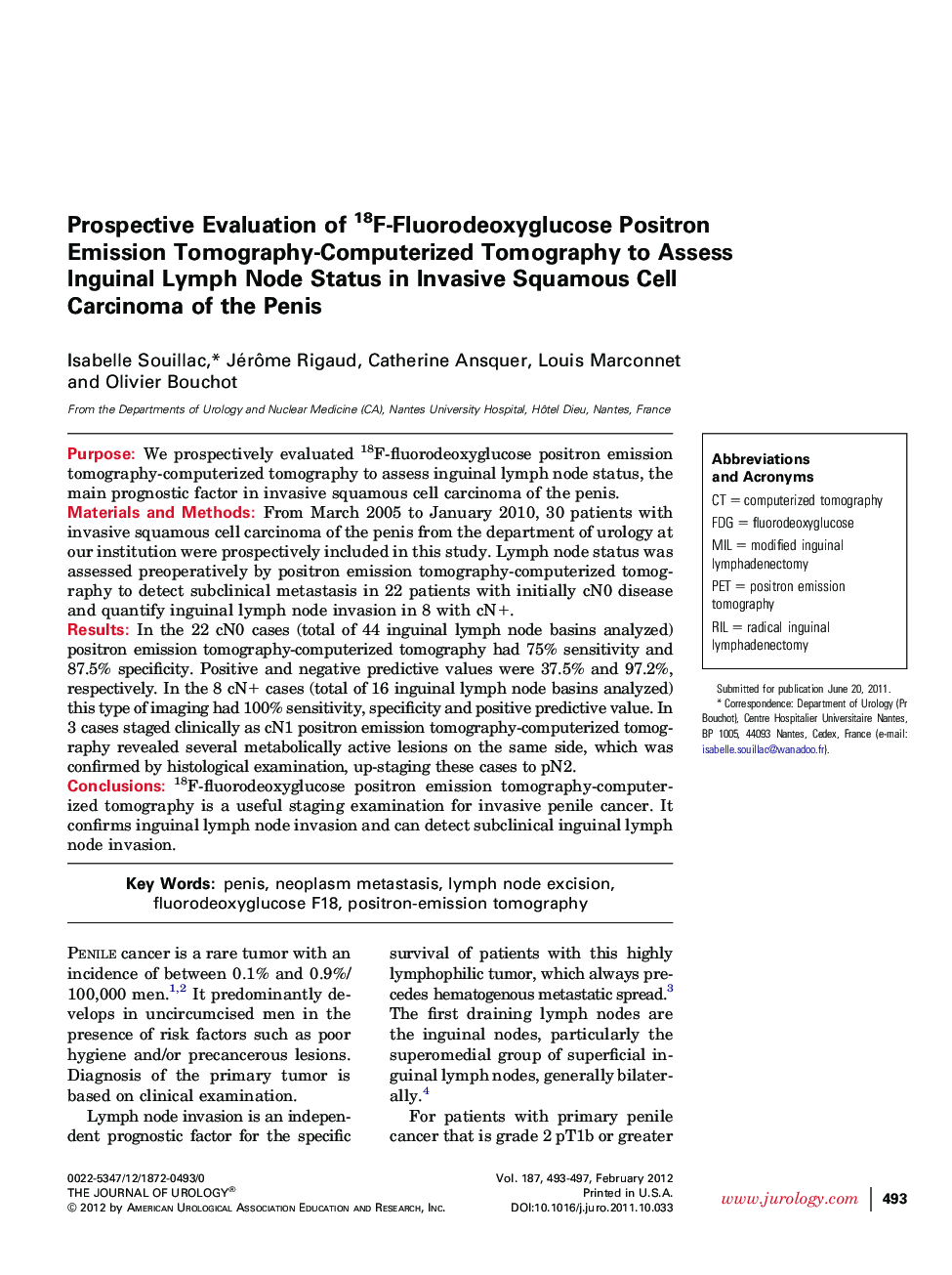 Prospective Evaluation of 18F-Fluorodeoxyglucose Positron Emission Tomography-Computerized Tomography to Assess Inguinal Lymph Node Status in Invasive Squamous Cell Carcinoma of the Penis