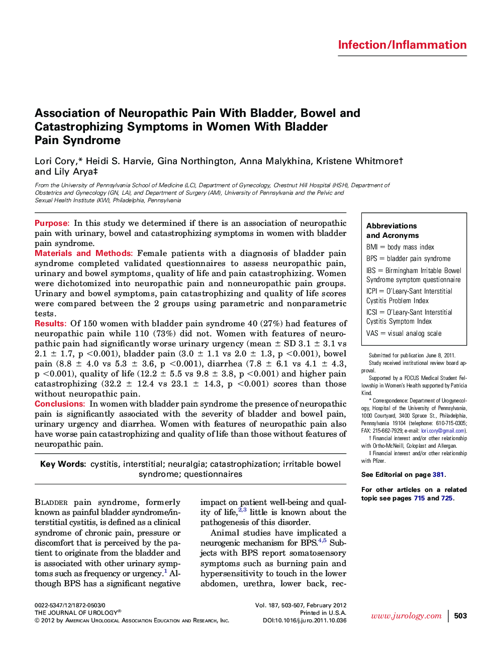 Association of Neuropathic Pain With Bladder, Bowel and Catastrophizing Symptoms in Women With Bladder Pain Syndrome 