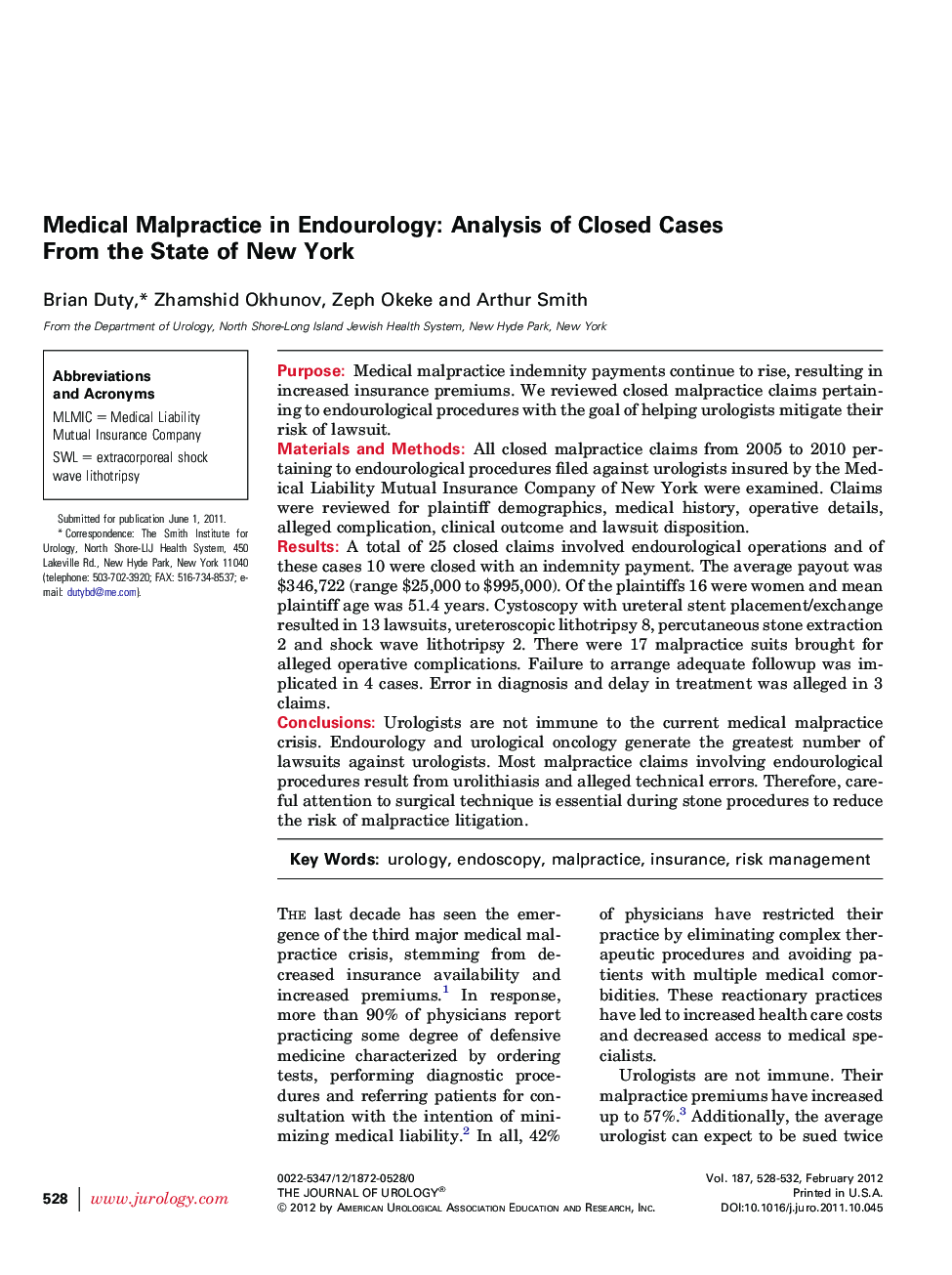 Medical Malpractice in Endourology: Analysis of Closed Cases From the State of New York