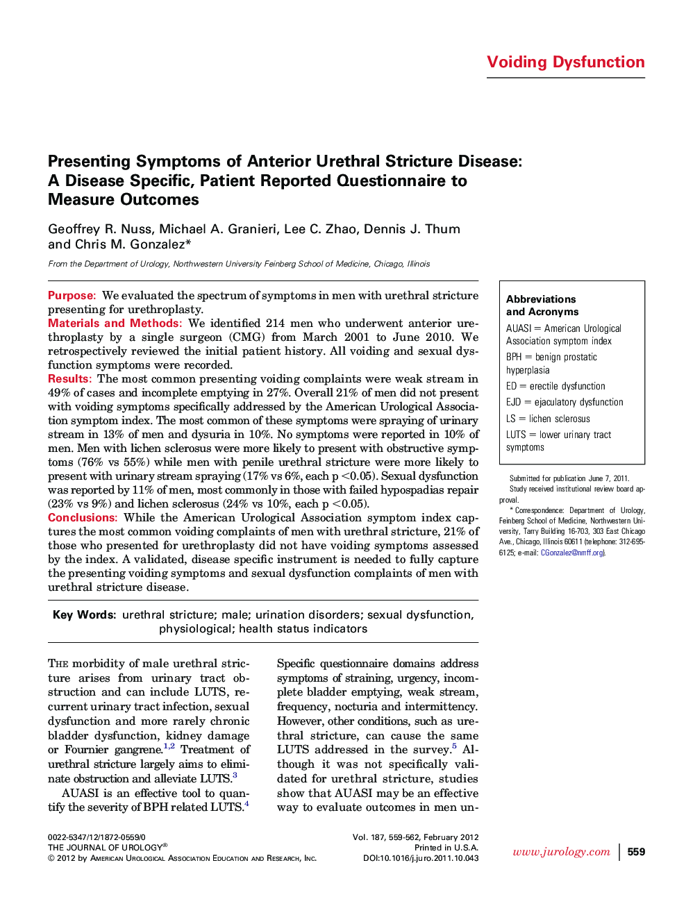 Presenting Symptoms of Anterior Urethral Stricture Disease: A Disease Specific, Patient Reported Questionnaire to Measure Outcomes