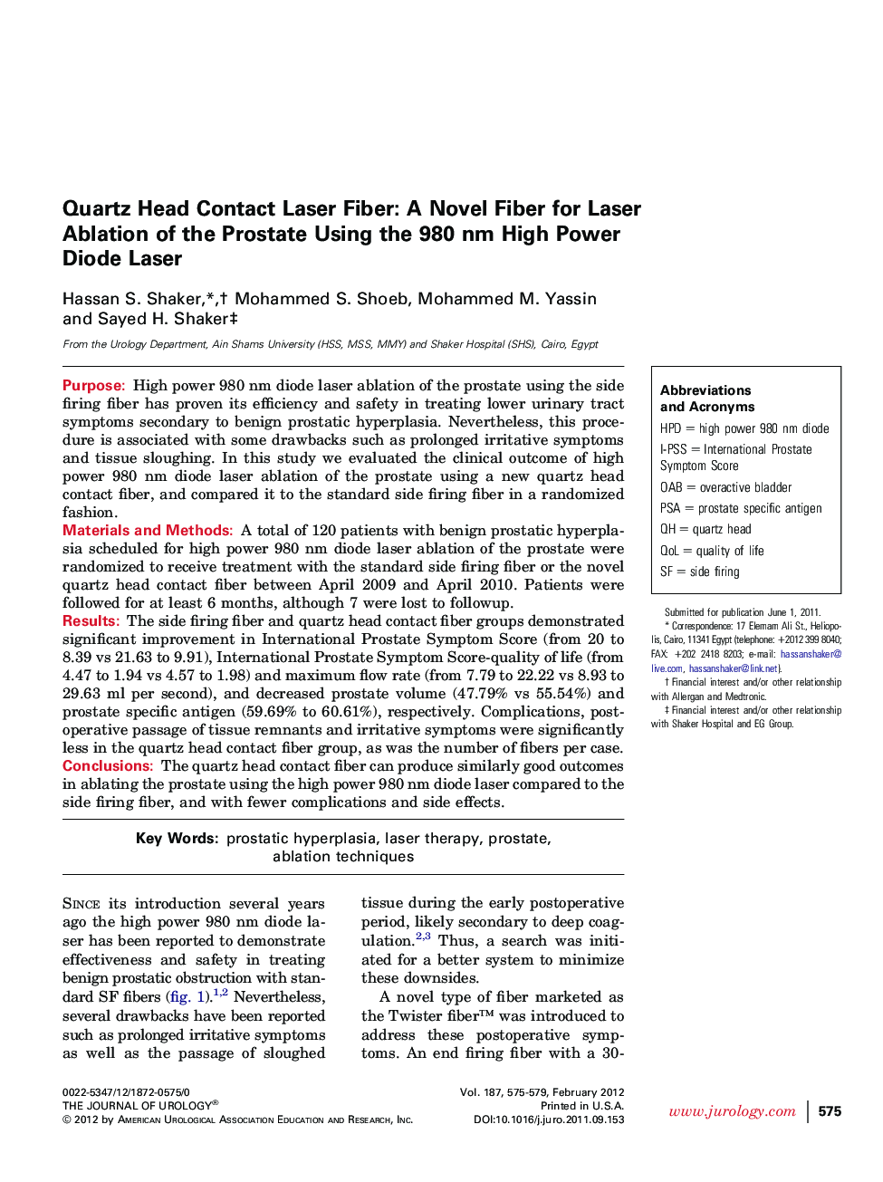 Quartz Head Contact Laser Fiber: A Novel Fiber for Laser Ablation of the Prostate Using the 980 nm High Power Diode Laser