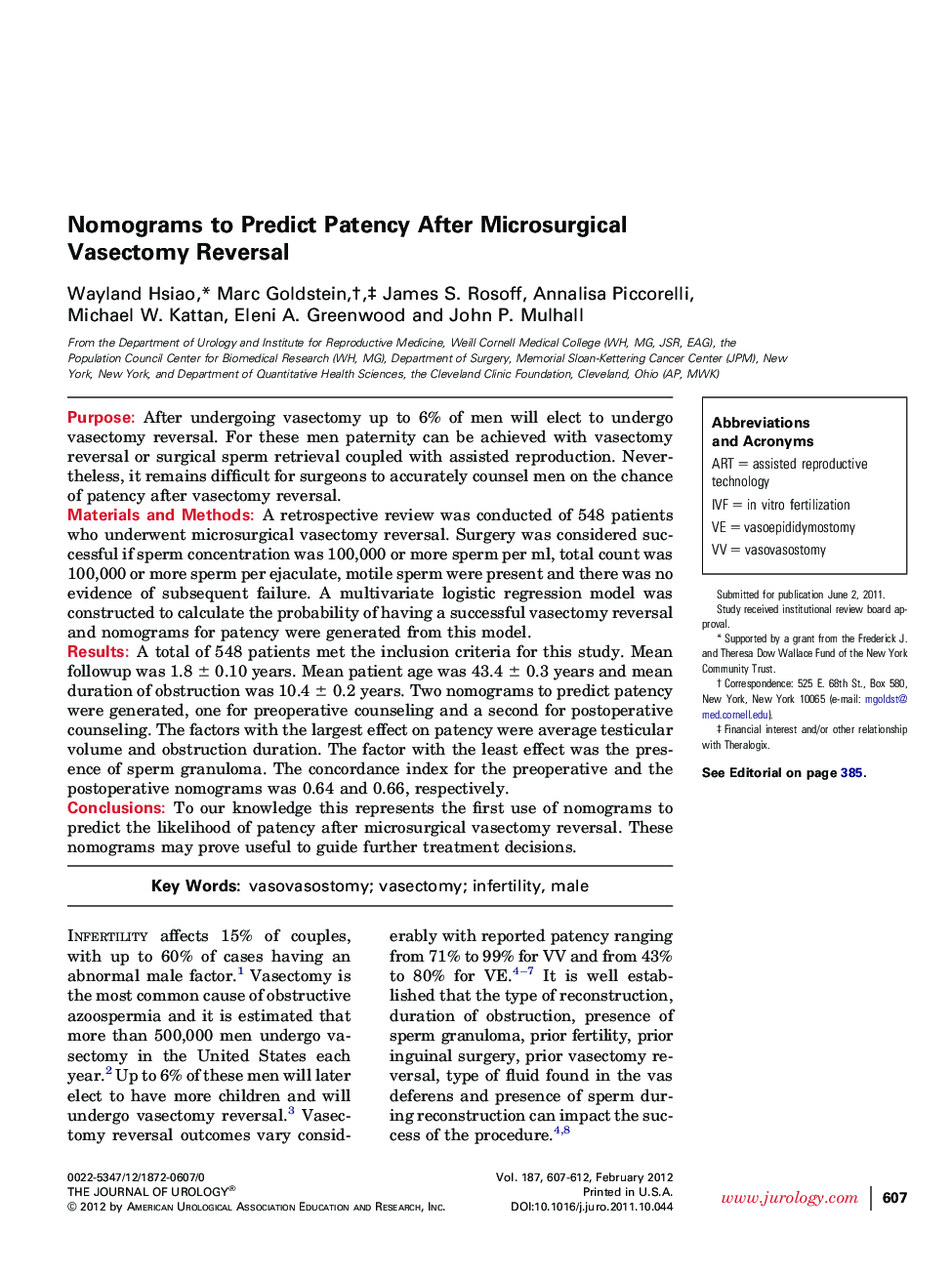 Nomograms to Predict Patency After Microsurgical Vasectomy Reversal 