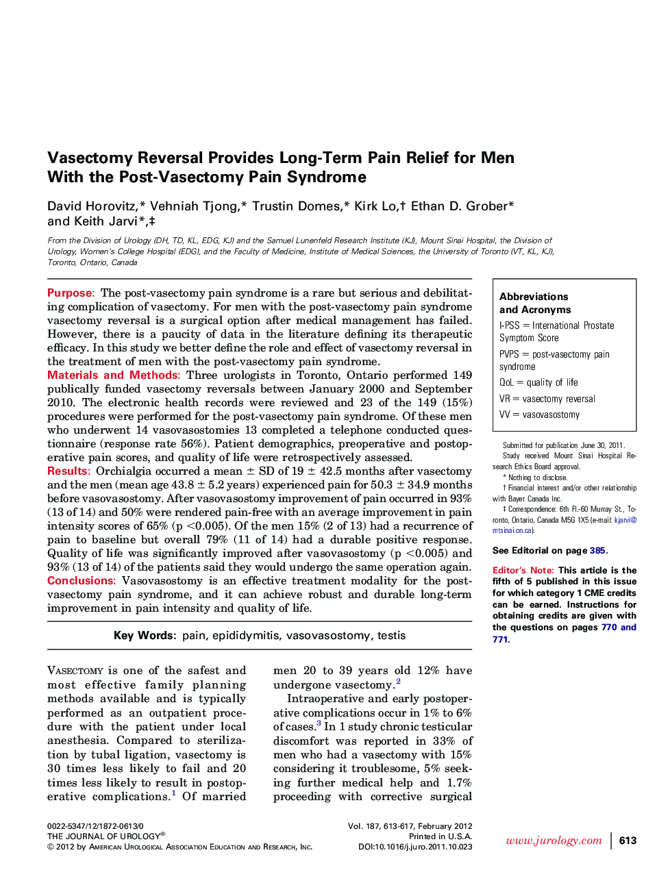 Vasectomy Reversal Provides Long-Term Pain Relief for Men With the Post-Vasectomy Pain Syndrome