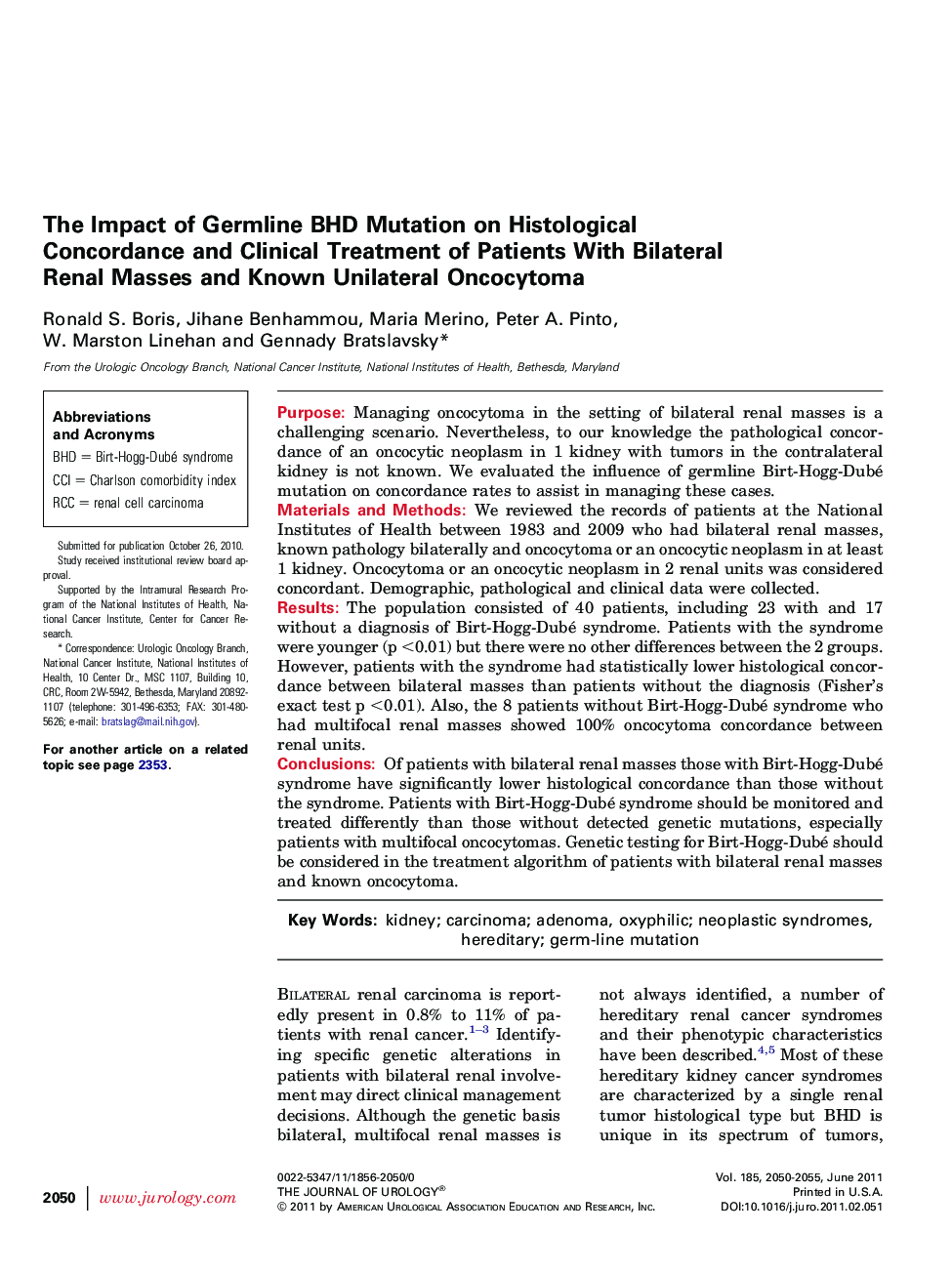 The Impact of Germline BHD Mutation on Histological Concordance and Clinical Treatment of Patients With Bilateral Renal Masses and Known Unilateral Oncocytoma 