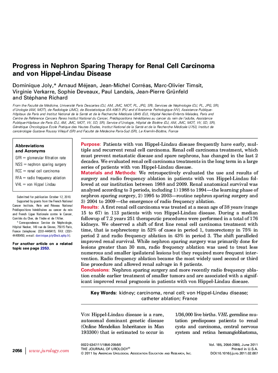 Progress in Nephron Sparing Therapy for Renal Cell Carcinoma and von Hippel-Lindau Disease 