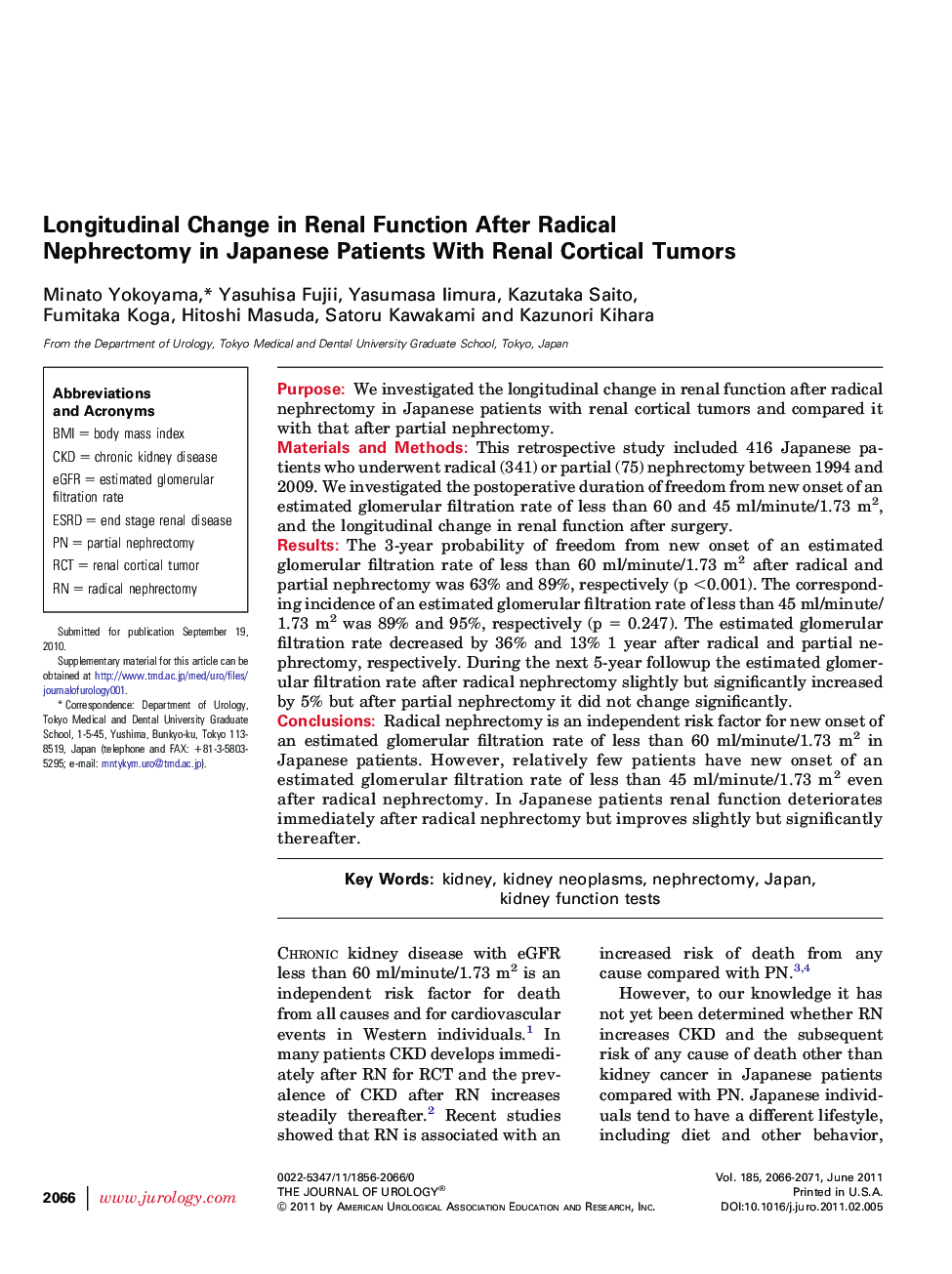 Longitudinal Change in Renal Function After Radical Nephrectomy in Japanese Patients With Renal Cortical Tumors 