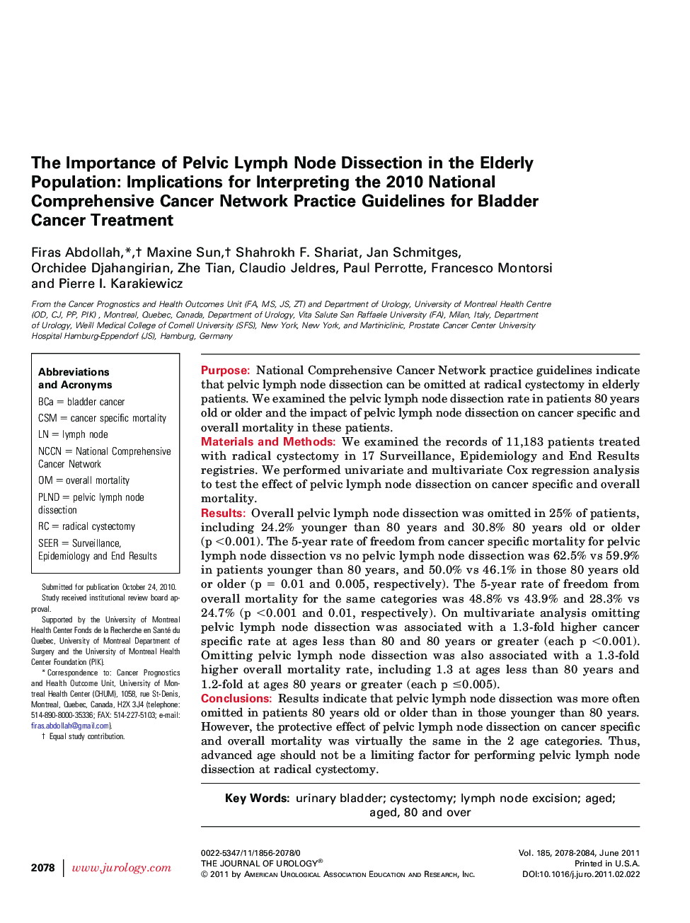 The Importance of Pelvic Lymph Node Dissection in the Elderly Population: Implications for Interpreting the 2010 National Comprehensive Cancer Network Practice Guidelines for Bladder Cancer Treatment 