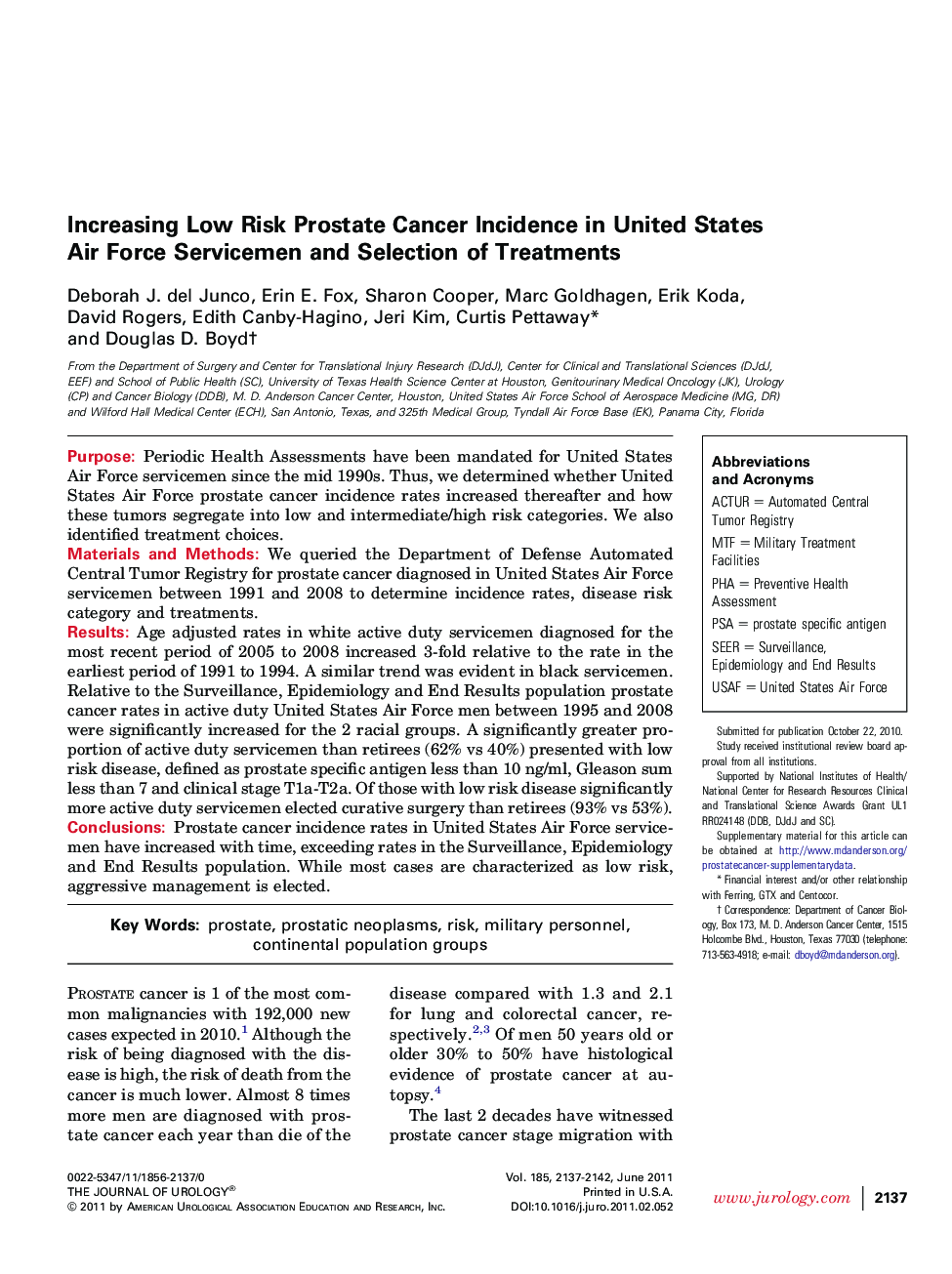 Increasing Low Risk Prostate Cancer Incidence in United States Air Force Servicemen and Selection of Treatments 