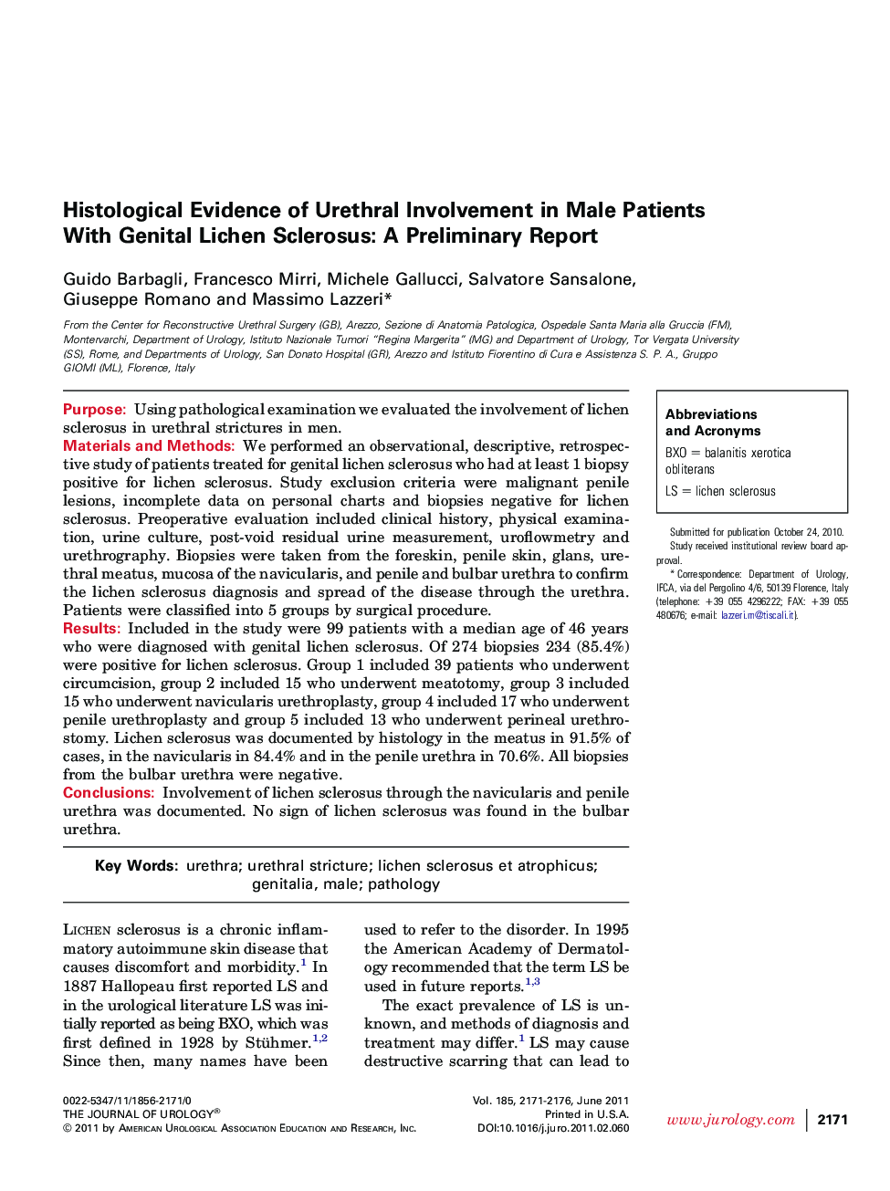 Histological Evidence of Urethral Involvement in Male Patients With Genital Lichen Sclerosus: A Preliminary Report