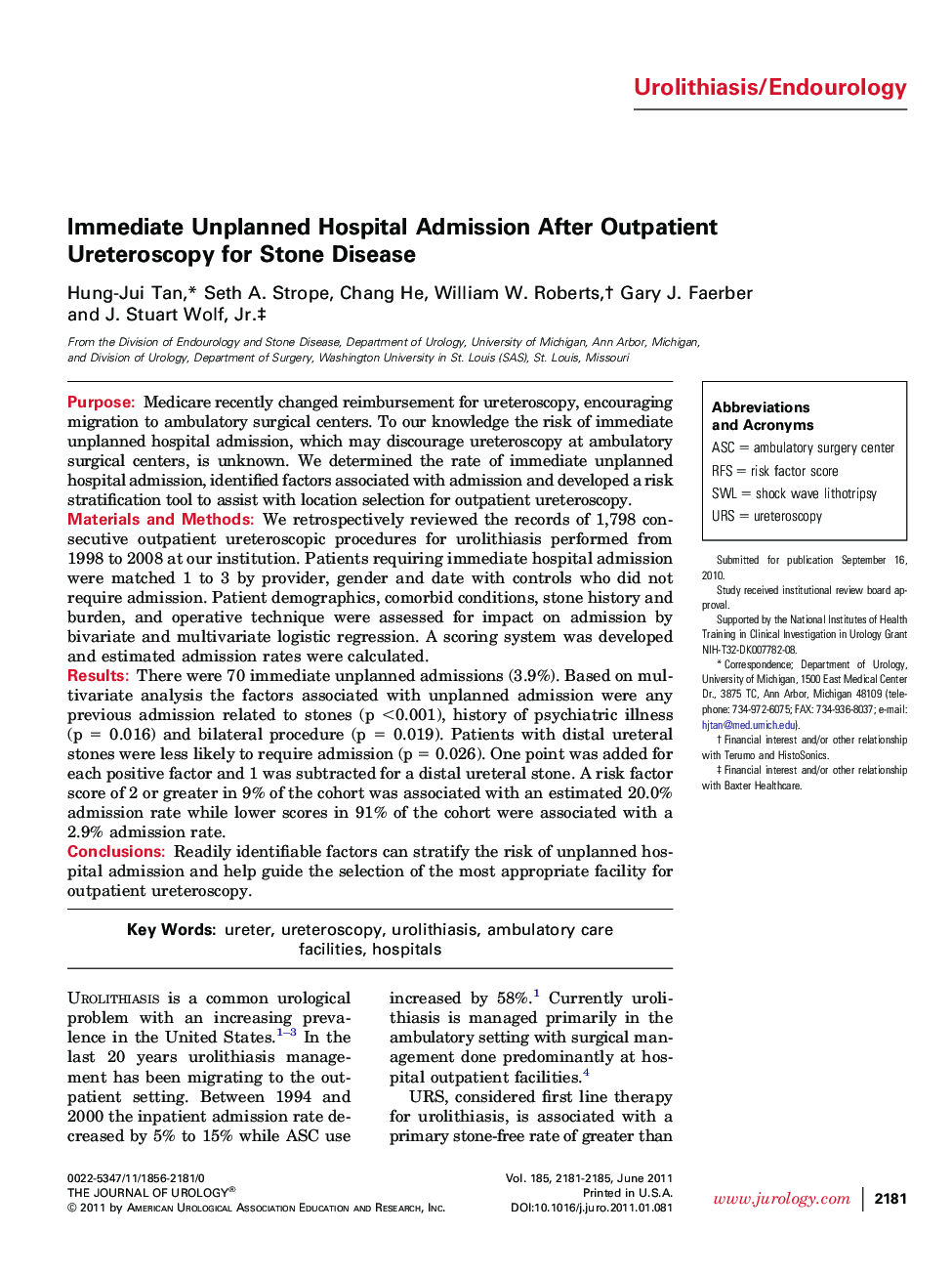 Immediate Unplanned Hospital Admission After Outpatient Ureteroscopy for Stone Disease 