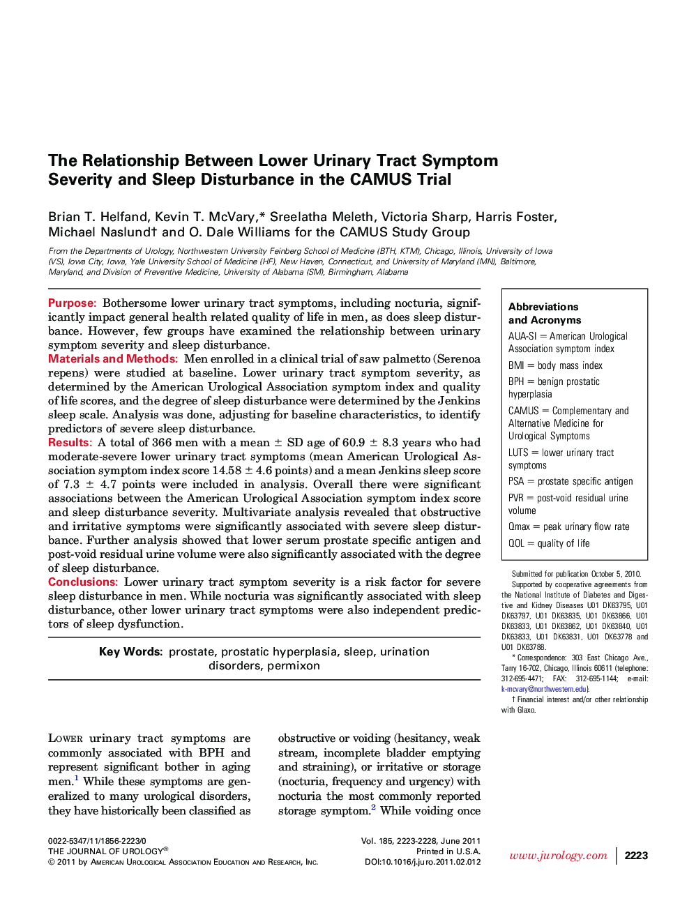 The Relationship Between Lower Urinary Tract Symptom Severity and Sleep Disturbance in the CAMUS Trial 