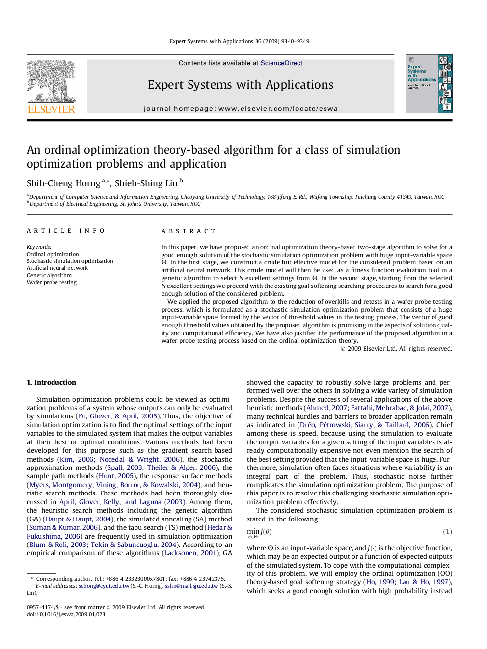 An ordinal optimization theory-based algorithm for a class of simulation optimization problems and application