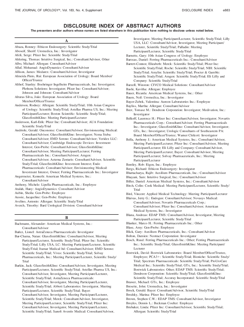 DISCLOSURE INDEX OF ABSTRACT AUTHORS