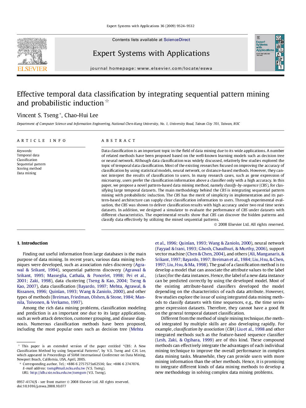 Effective temporal data classification by integrating sequential pattern mining and probabilistic induction 