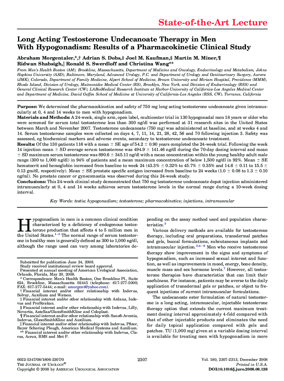 Long Acting Testosterone Undecanoate Therapy in Men With Hypogonadism: Results of a Pharmacokinetic Clinical Study 