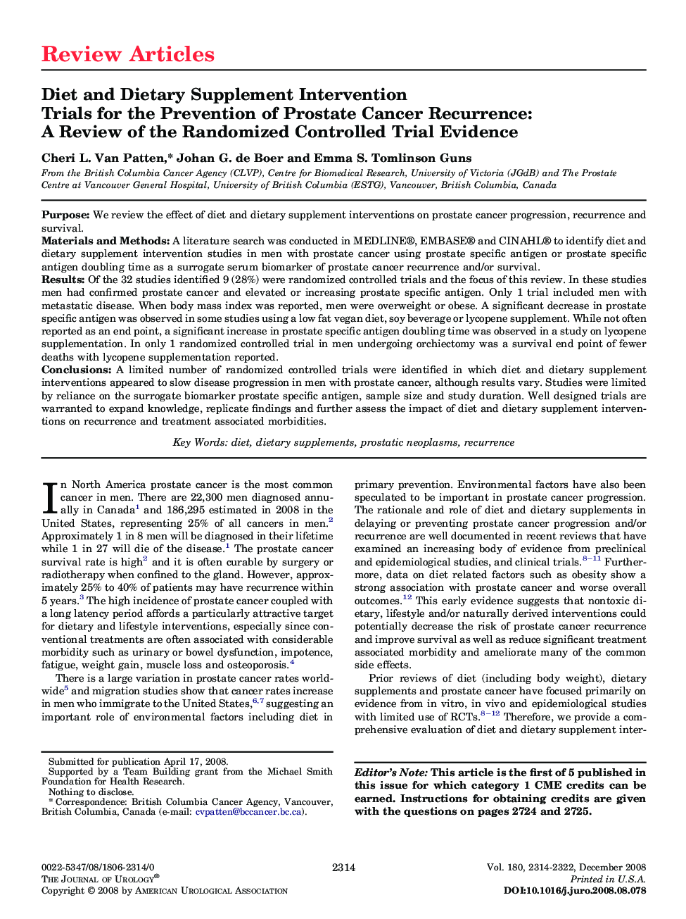 Diet and Dietary Supplement Intervention Trials for the Prevention of Prostate Cancer Recurrence: A Review of the Randomized Controlled Trial Evidence