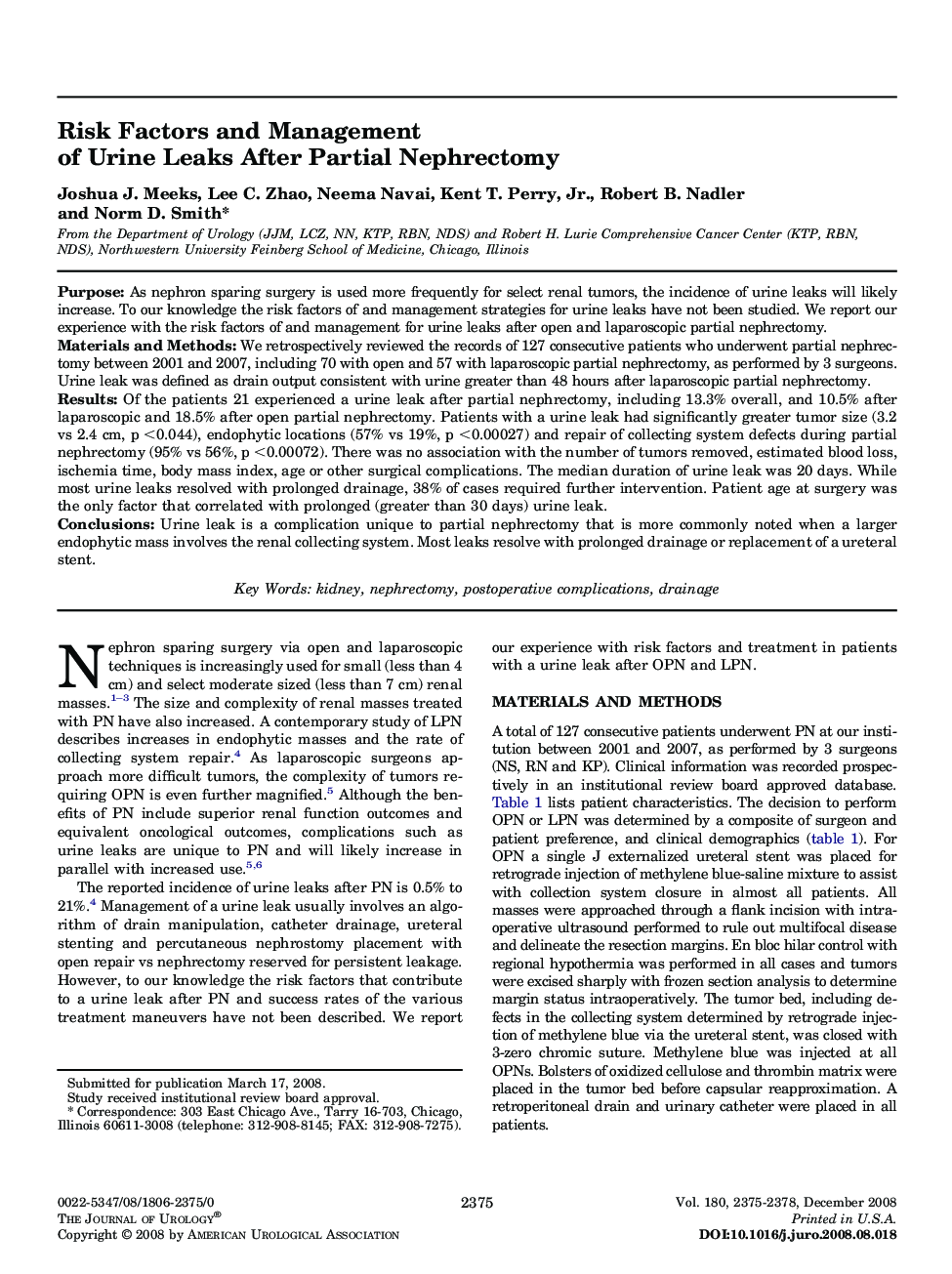 Risk Factors and Management of Urine Leaks After Partial Nephrectomy 