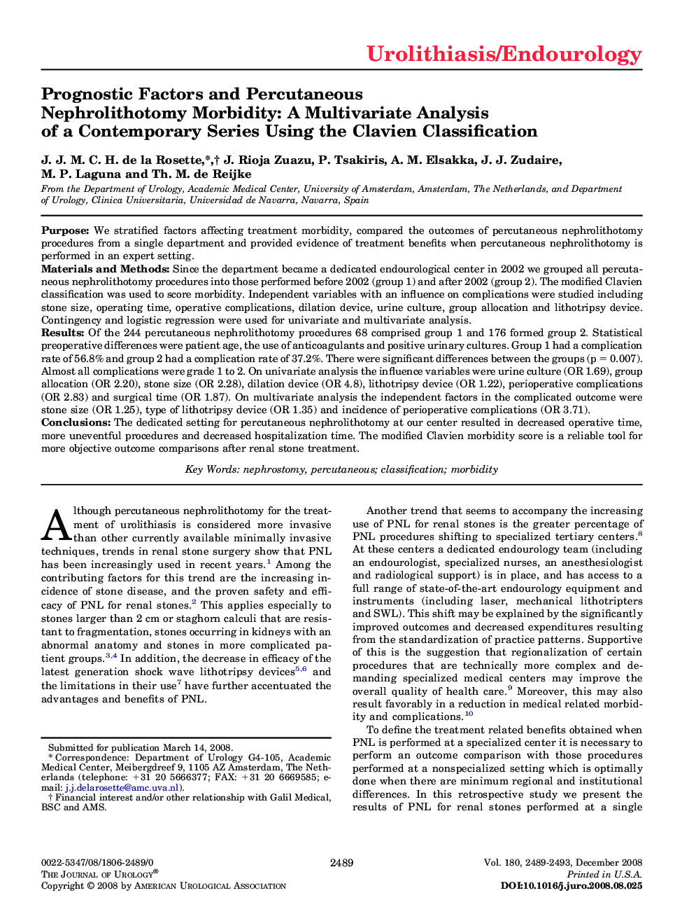 Prognostic Factors and Percutaneous Nephrolithotomy Morbidity: A Multivariate Analysis of a Contemporary Series Using the Clavien Classification